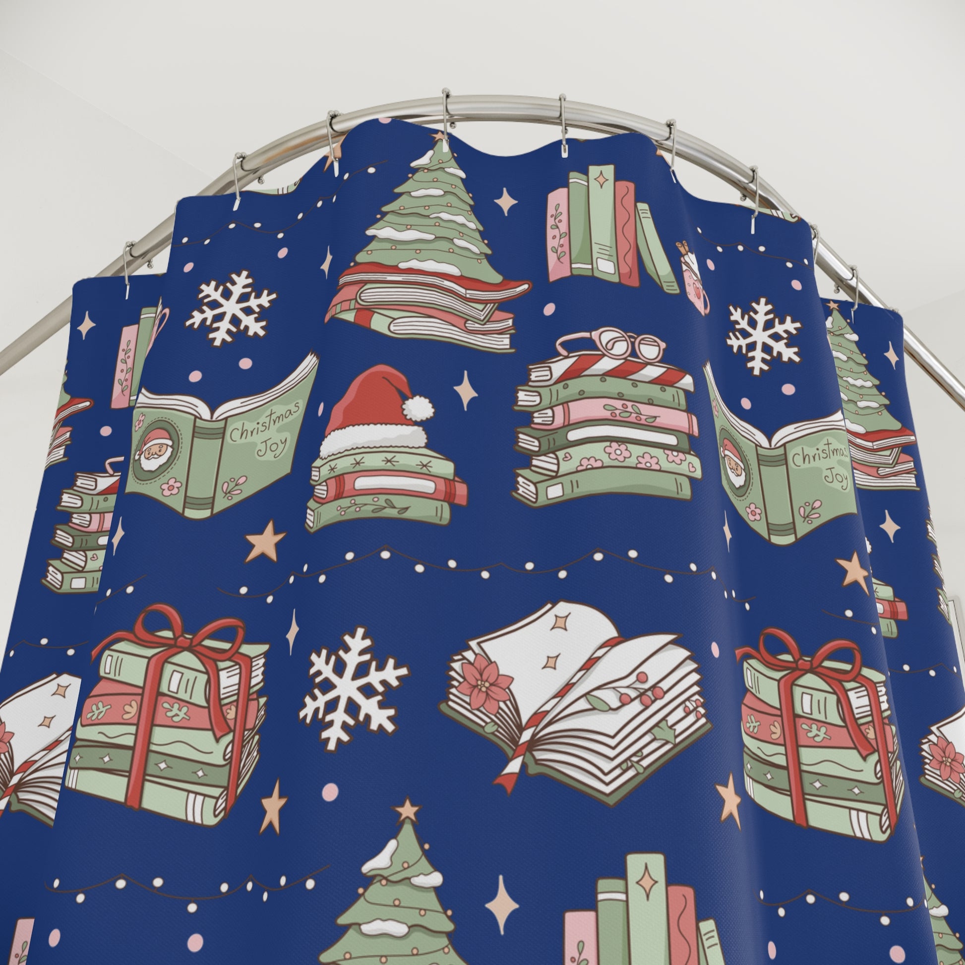 Shower Curtain - Royal Blue Christmas Books and Coffee Design