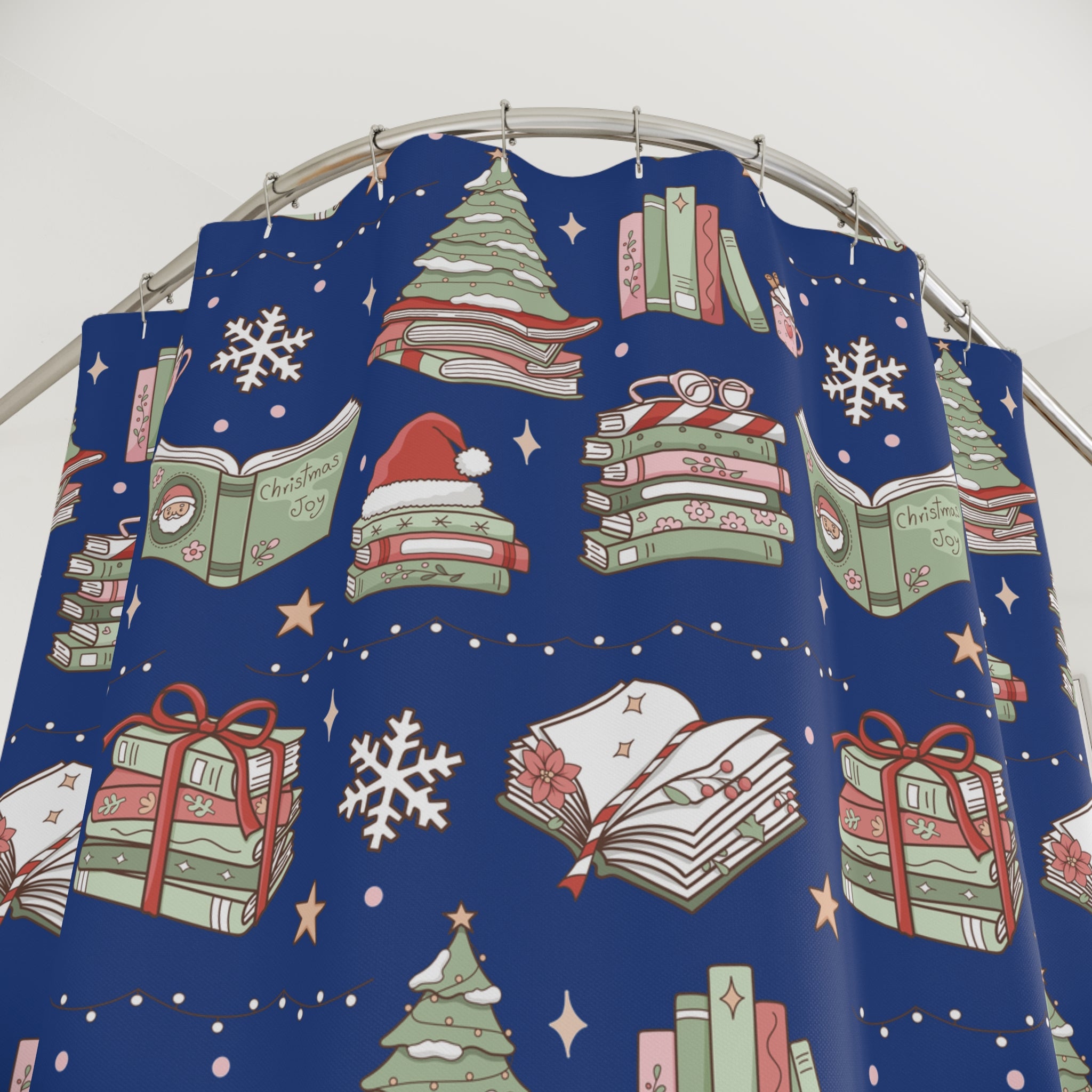 Shower Curtain - Royal Blue Christmas Books and Coffee Design