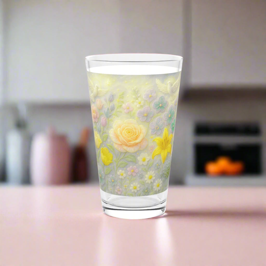 Glass tumbler with floral design on a white background