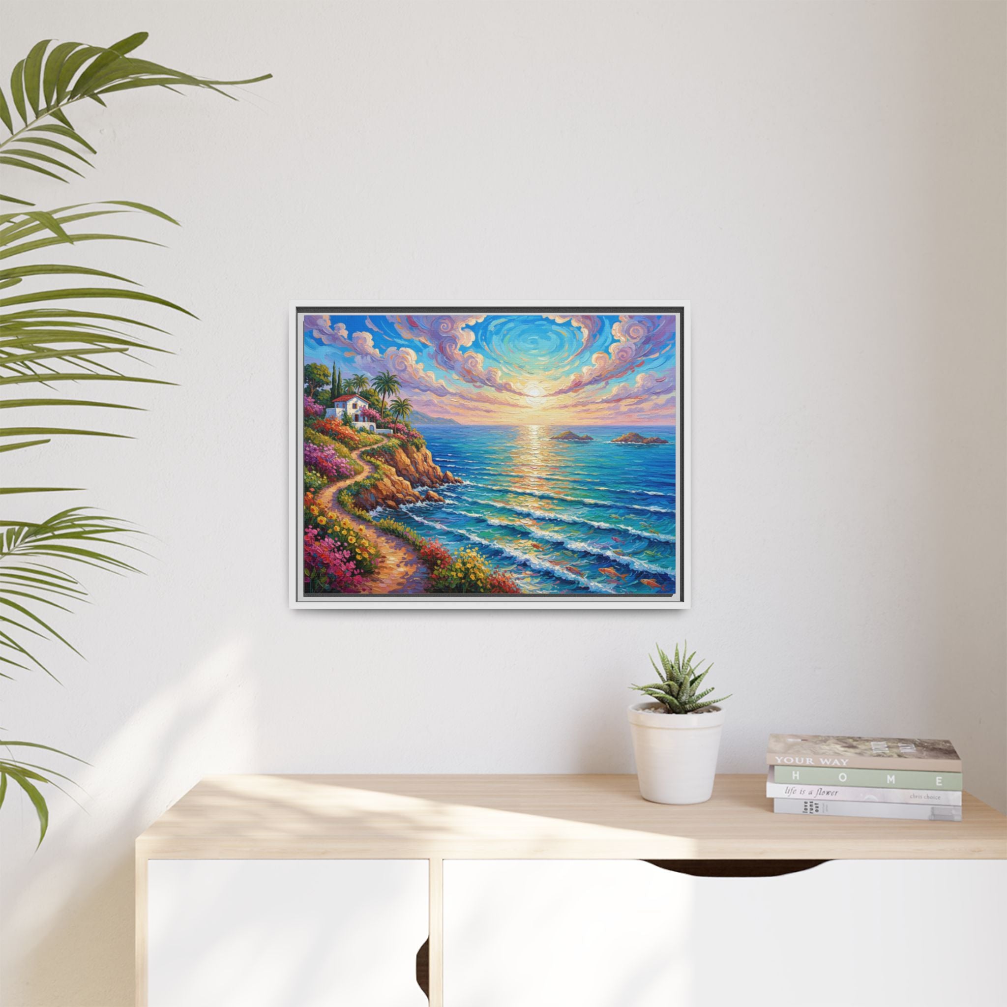 Toile imprimée florale océanique | Décoration murale colorée et lumineuse de paysage marin, œuvre d'art de bureau encadrée et mate