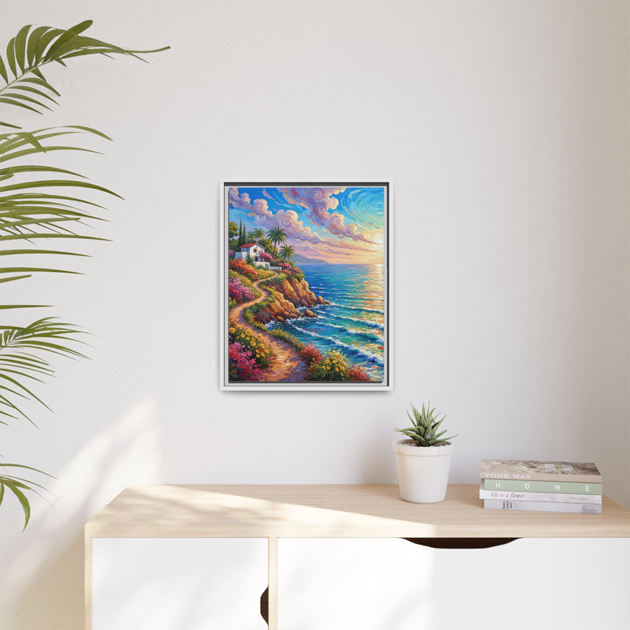 Toile imprimée florale océanique | Décoration murale colorée et lumineuse de paysage marin, œuvre d'art de bureau encadrée et mate