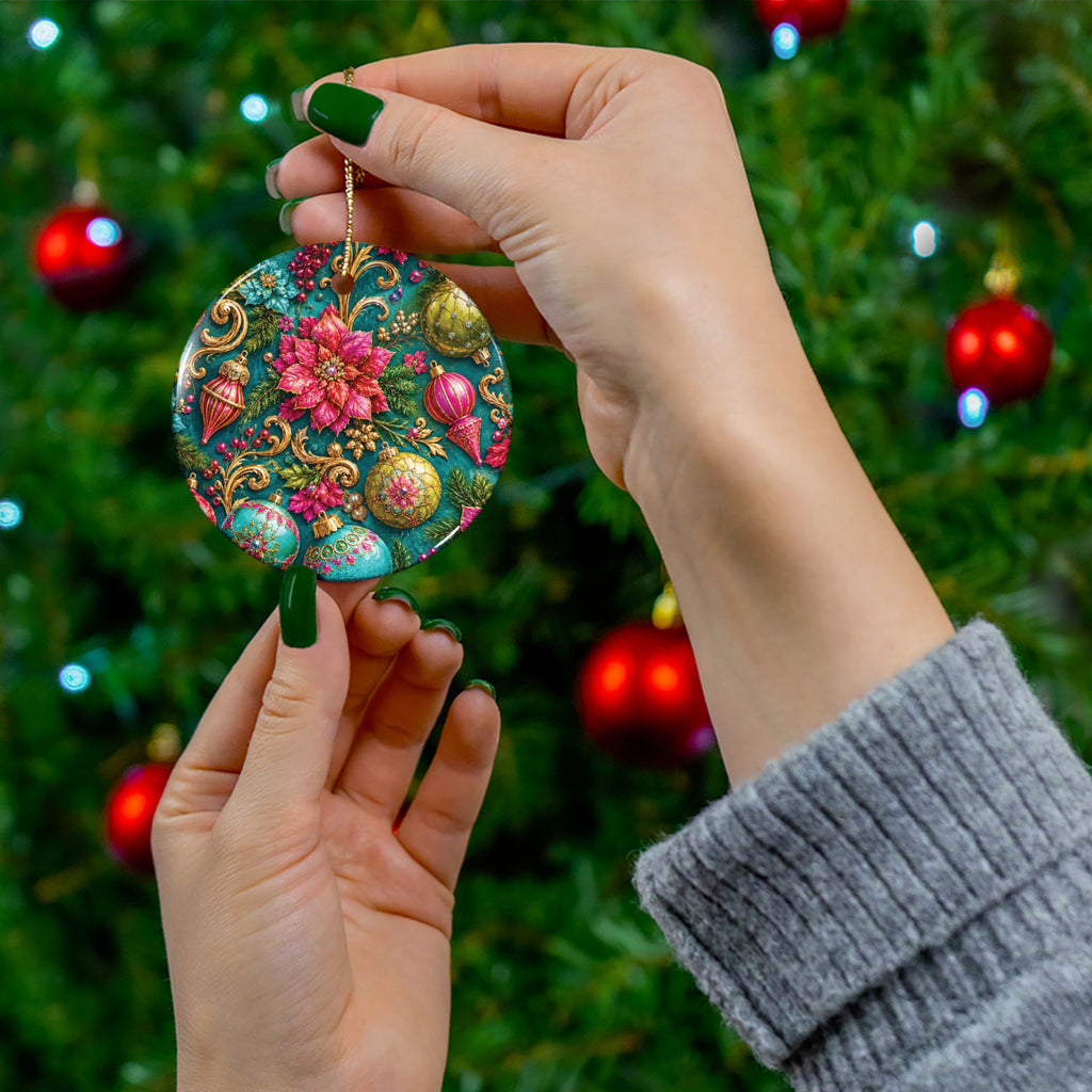Poinsettia & Baubles Ceramic Ornament — Round Christmas Tree Decoration