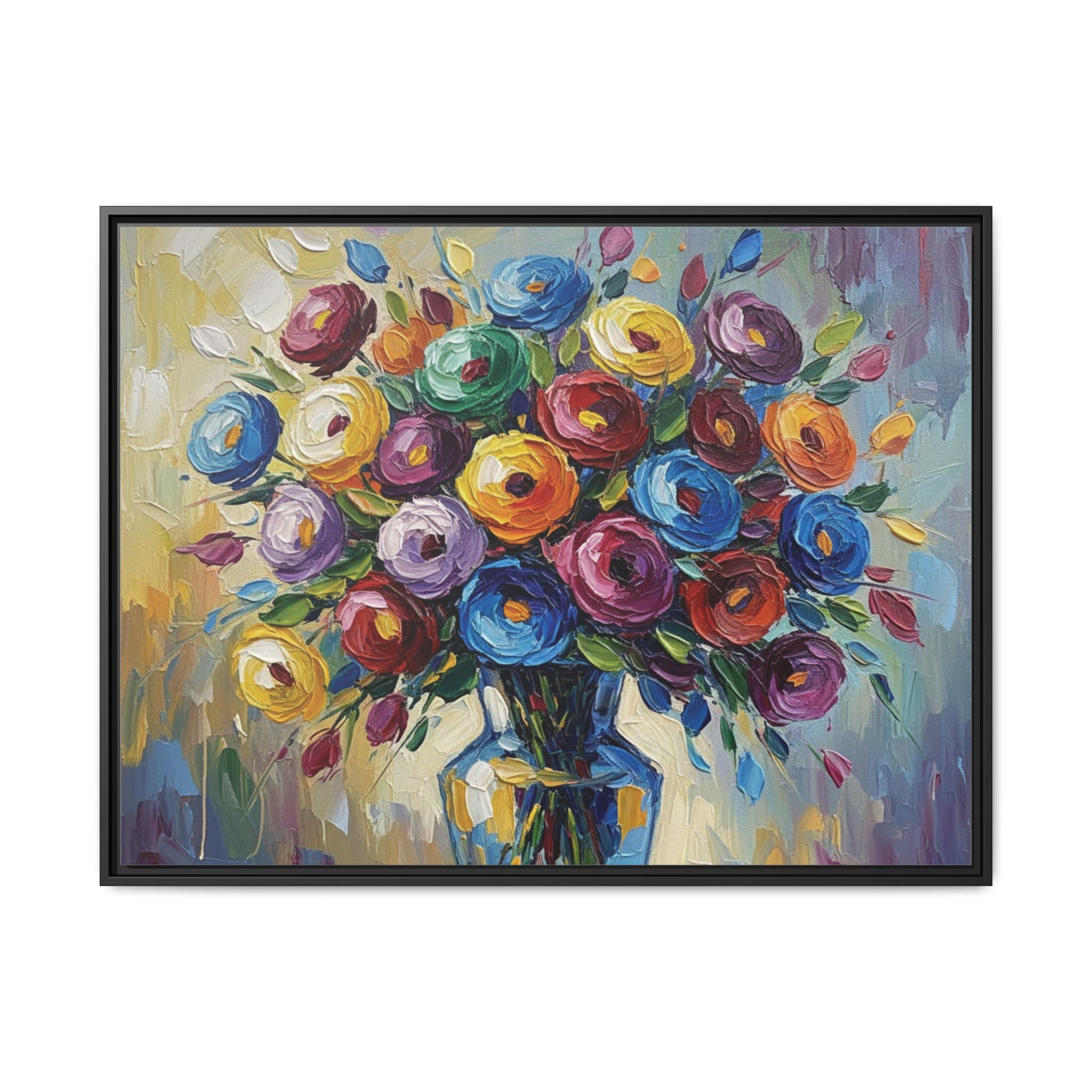 Impression sur toile bouquet floral aquarelle - Tableau mural encadré mat - Illusion de peinture à l'huile vibrante