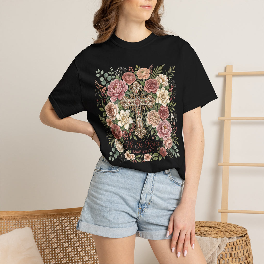 He Is Risen Floral Cross T-Shirt Christian Gift