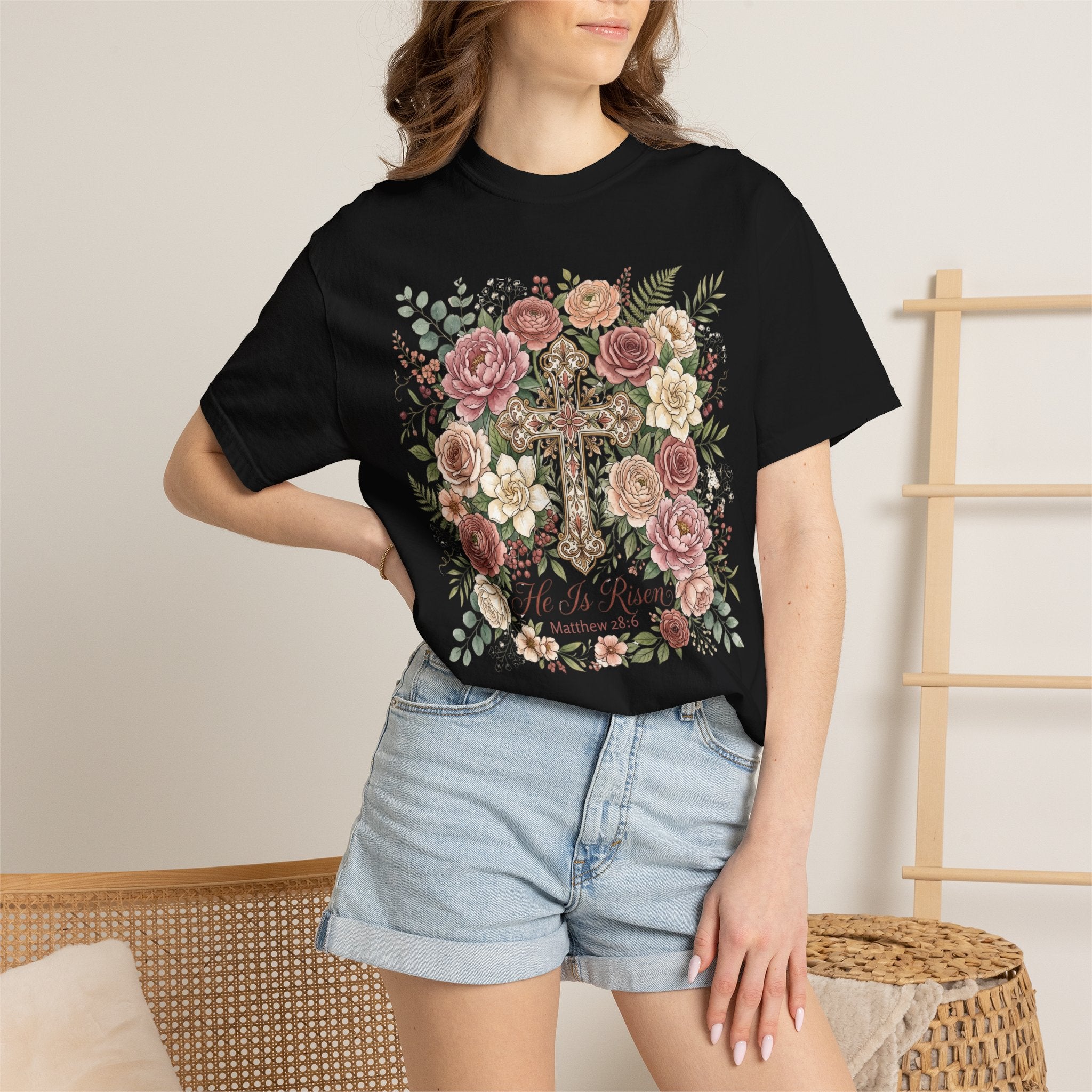 He Is Risen Floral Cross T-Shirt Christian Gift