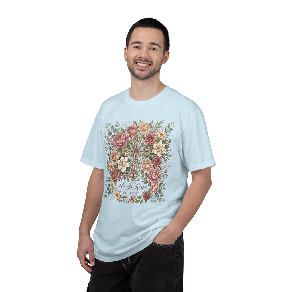 He Is Risen Floral Cross T-Shirt Christian Gift