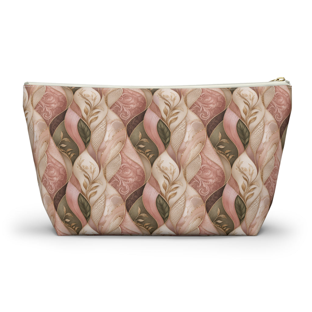 Braided Floral Accessory Pouch — Pink & Olive T‑Bottom Cosmetic Bag