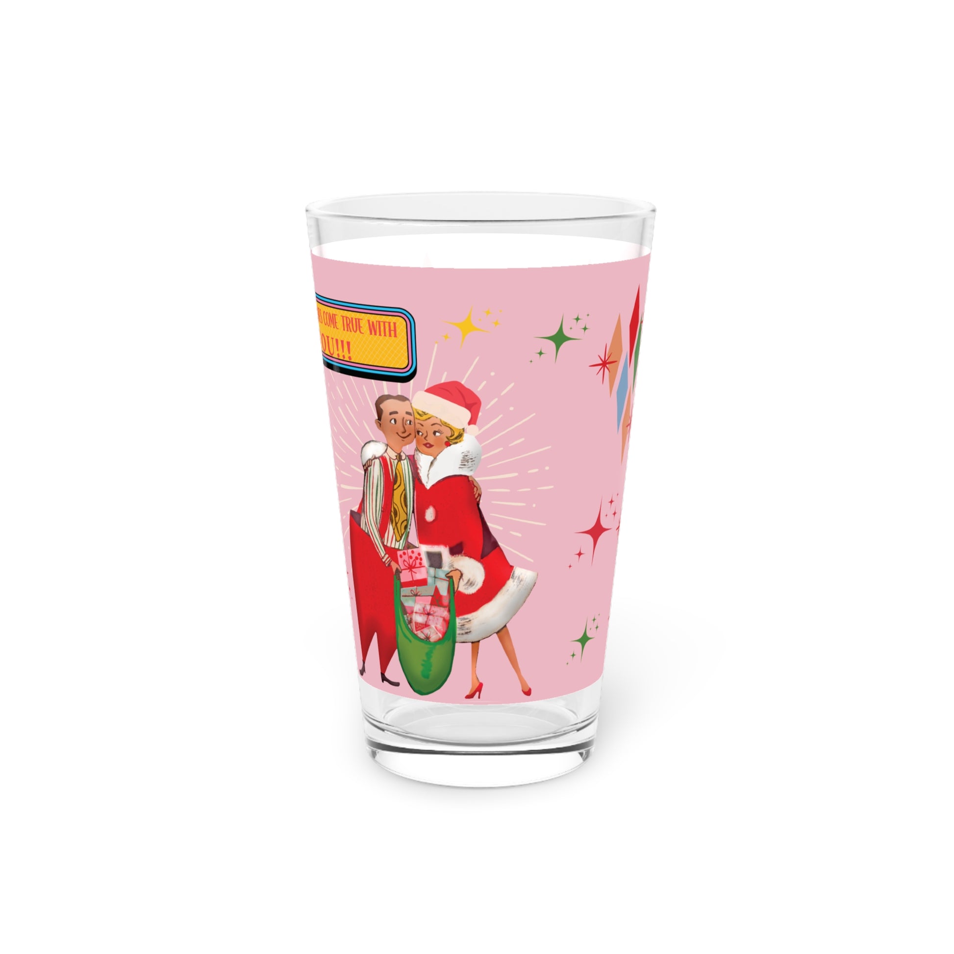 Pink Retro Vintage Franciscan Diamond Starburst Kitsch Christmas Art Pint Glass Housewarming, Wedding, Bridal Shower Glass, Mother's Day Party Drinkware, Housewarming Perfect Gift Party Drinkware, Cocktail, Wedding Perfect for Parties - MRSBYVALLE