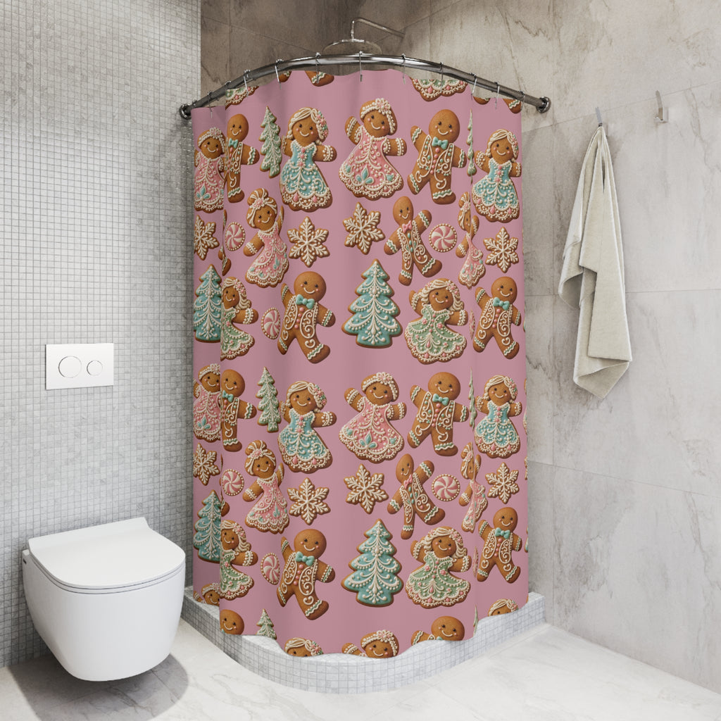 Gingerbread Holiday Shower Curtain — Pink Cookie Pattern with Trees, Angels & Snowflakes