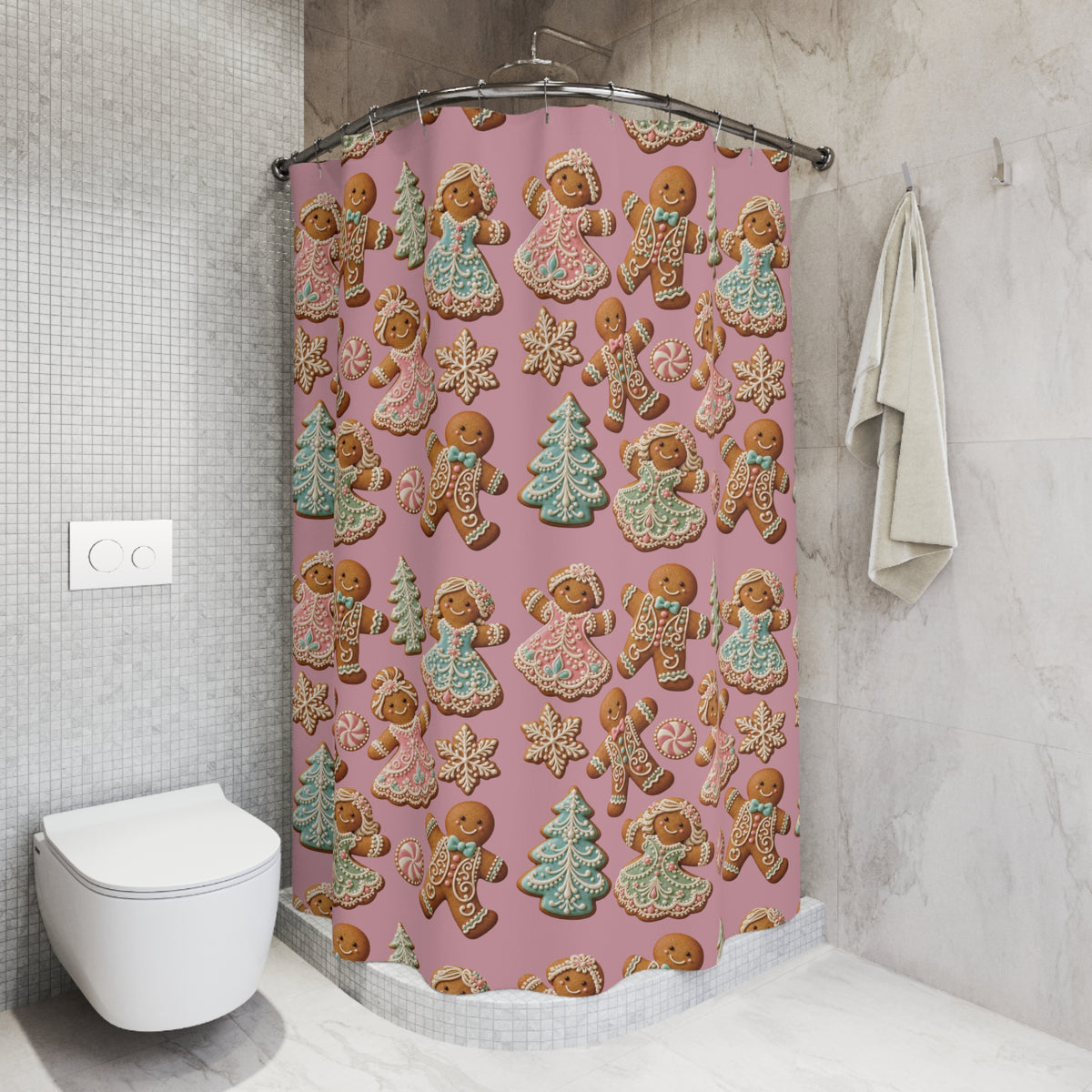 Gingerbread Holiday Shower Curtain — Pink Cookie Pattern with Trees, Angels & Snowflakes