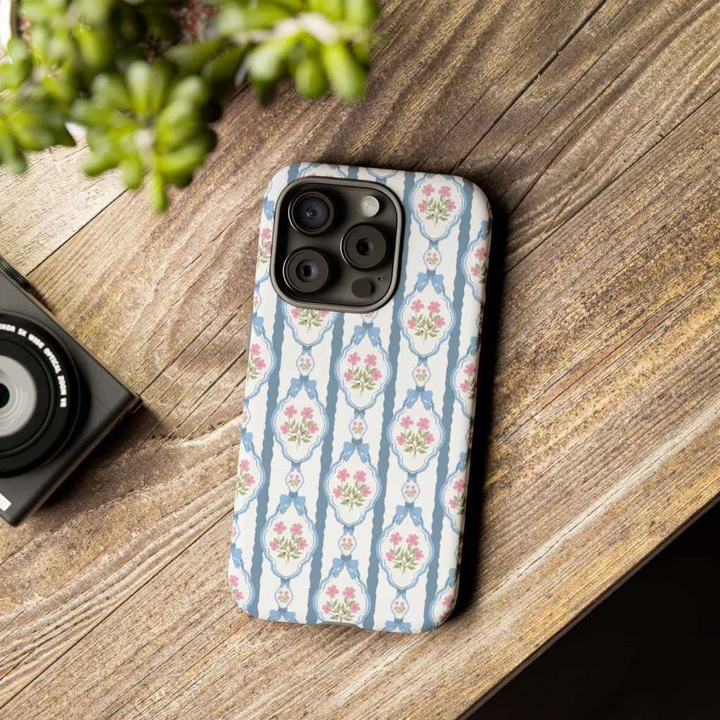 Coque de téléphone Vintage Nœud Bleu et Rose — Motif floral romantique « Tough Cases »
