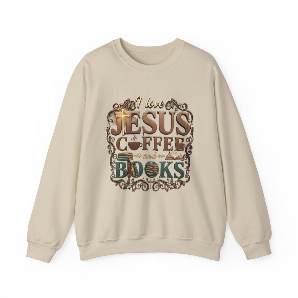 Beige sweatshirt with text 'I love Jesus, coffee, and books' on a white background