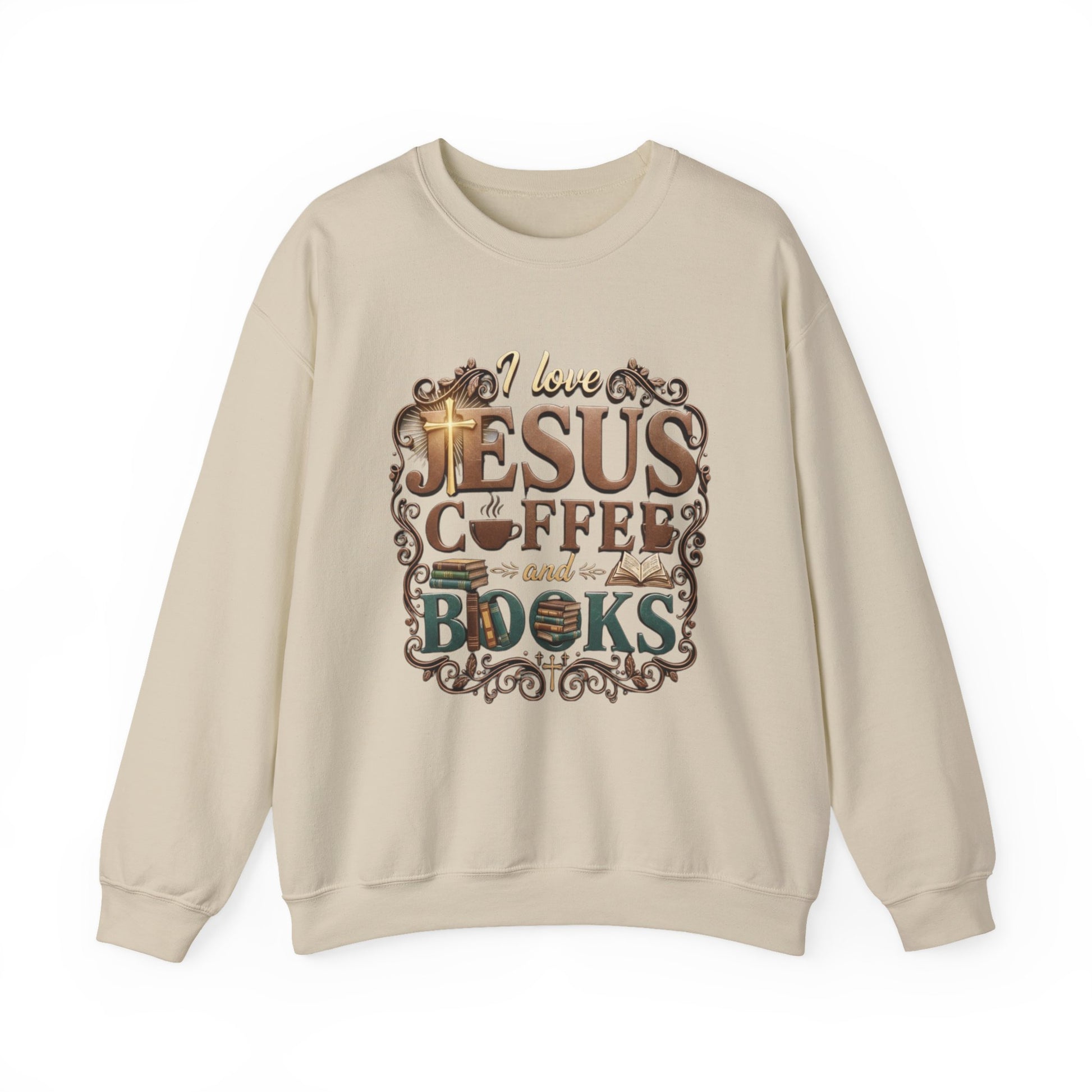 Beige sweatshirt with text 'I love Jesus, coffee, and books' on a white background