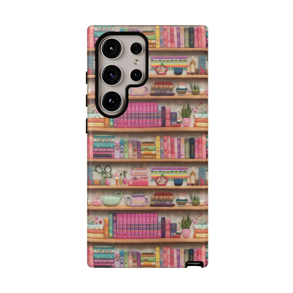 Whimsical 3D Embroidery Illusion Books on Pastel Shelves Phone Case for iPhone, Samsung & Pixel: Unique Accessory for Literary Enthusiasts Gift for Her Perfect for Floral Lover
