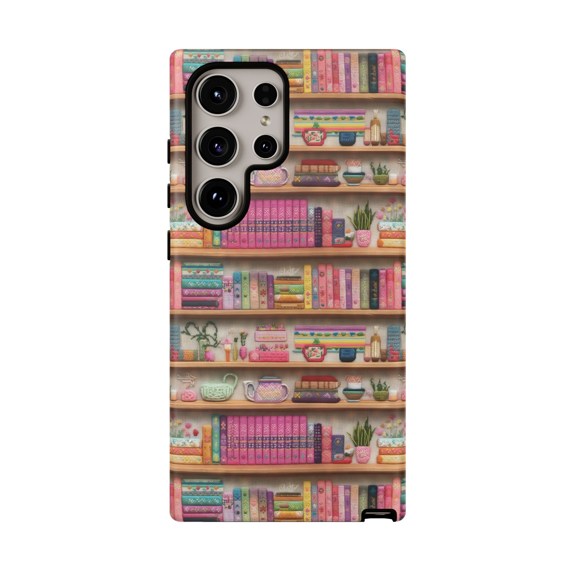 Whimsical 3D Embroidery Illusion Books on Pastel Shelves Phone Case for iPhone, Samsung & Pixel: Unique Accessory for Literary Enthusiasts Gift for Her Perfect for Floral Lover