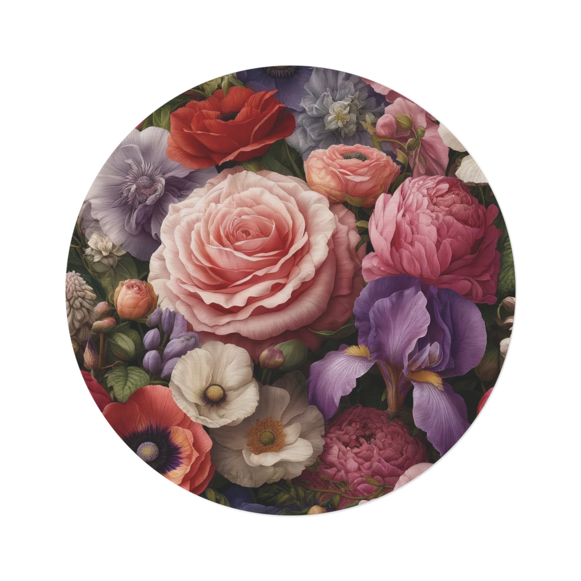 Elegant Floral Symphony Round Rug Ideal for Bedrooms, Hallways, and Home Offices Featuring Luxurious Rose, Peony, Sweet Pea, Poppy, and Clematis Designinterior Designer Livingroom.