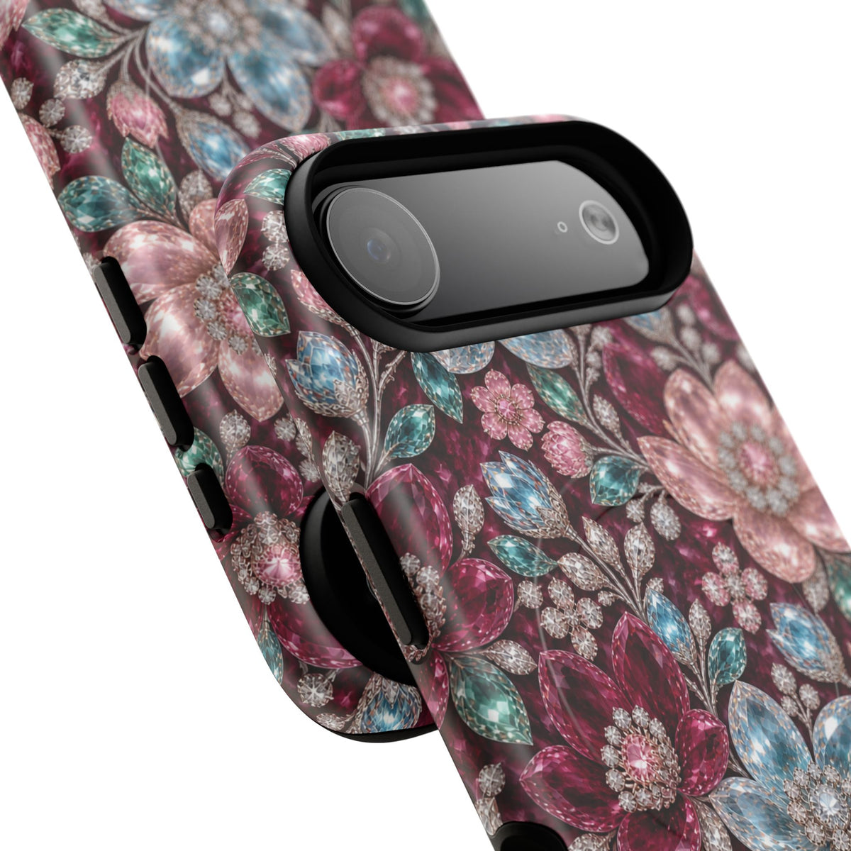 Floral faux Jewel Phone Case Sparkling Burgundy Flower Tough Magnetic Case 18 iPhone