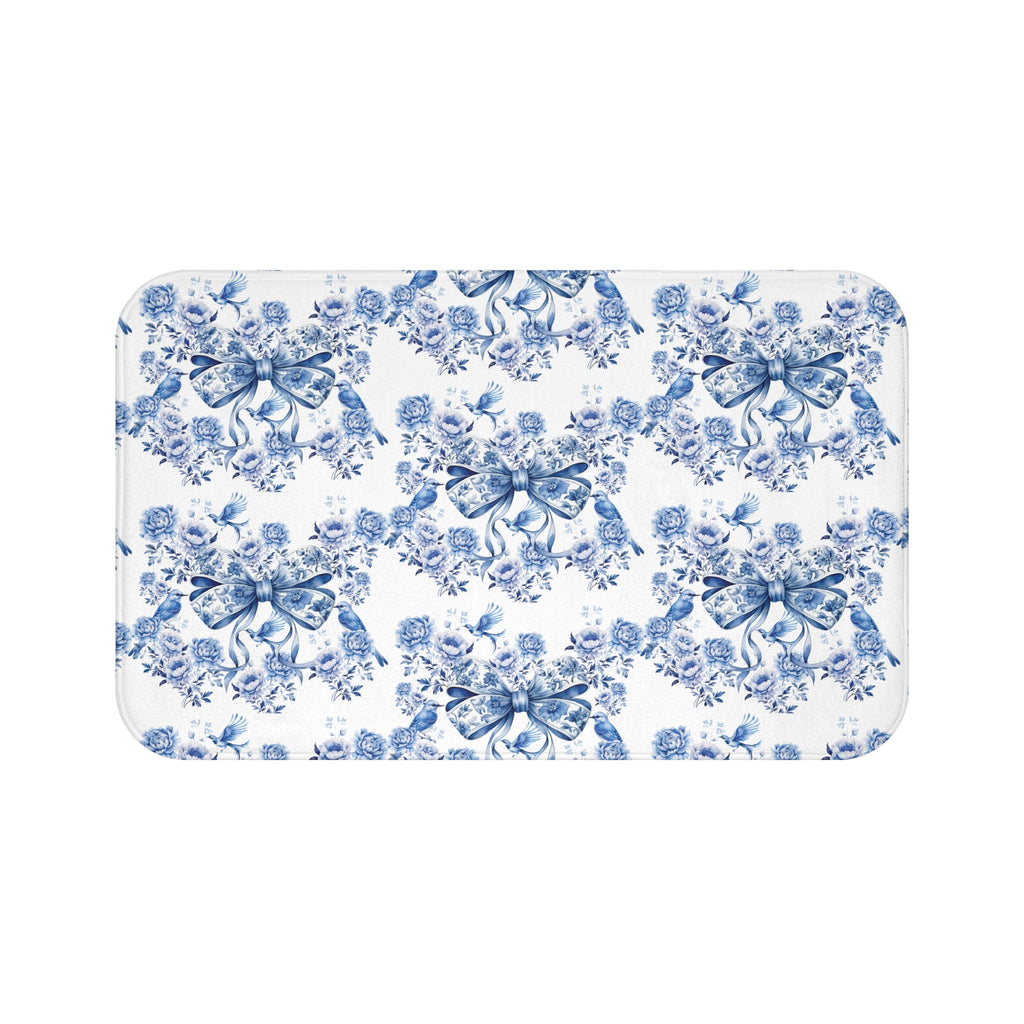 Tapis de bain élégant en chintz bleu avec nœud – Magnifiques oiseaux et motifs floraux | Tapis de bain doux, absorbant et antidérapant pour une décoration intérieure élégante et confortable