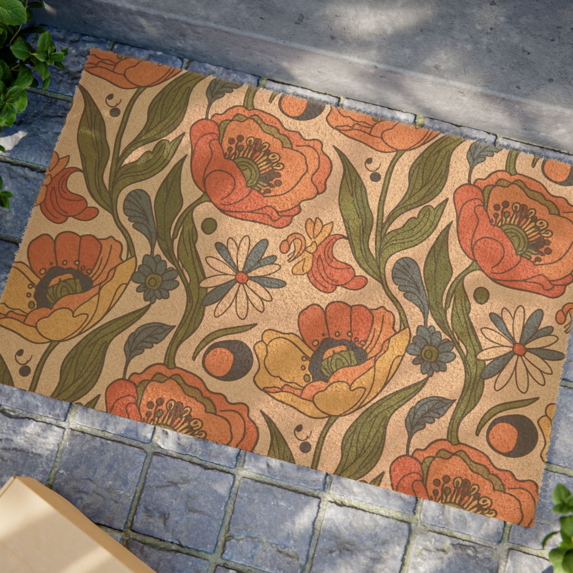 Retro Poppy Coir Doormat | Boho Floral Welcome Mat for Modern Entryways & Warm Home Vibes
