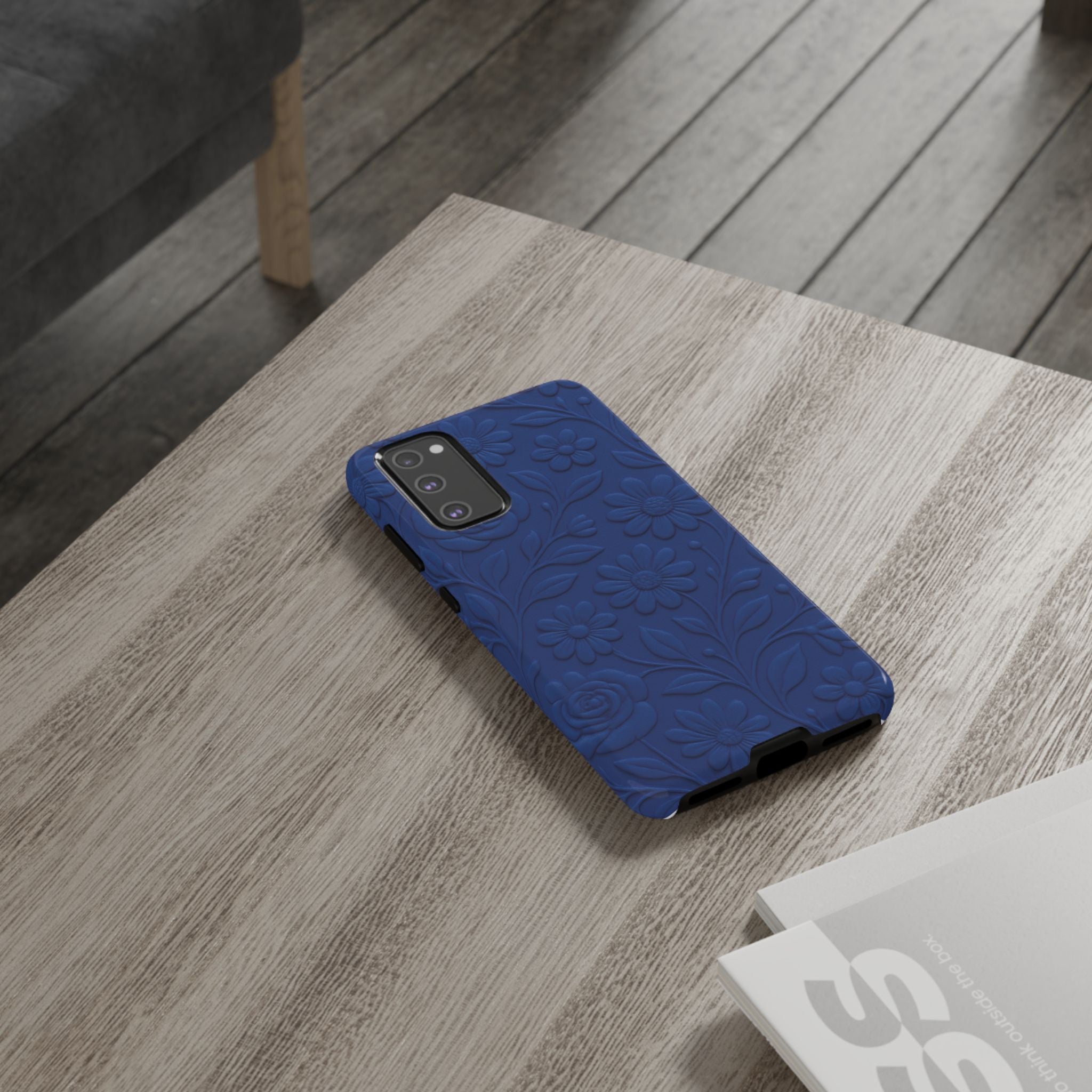 3D Illusion Floral Cobalt Blue Phone Case Elegant Raised Flower Design, Seamless Textured Look, Durable & Stylish Protection for iPhone and Android Models Fits iPhone & Samsung Models
