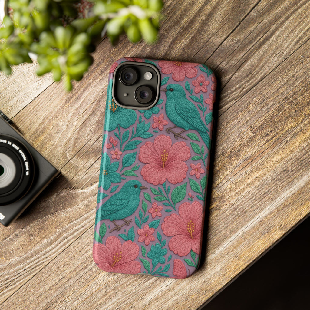 Turquoise, Pink and Lavender 3D Embroidery Illusion Phone Case Tropical Flowers, Birds & Butterflies Cover with Bold, Realistic Floral Texture iPhone, Samsung