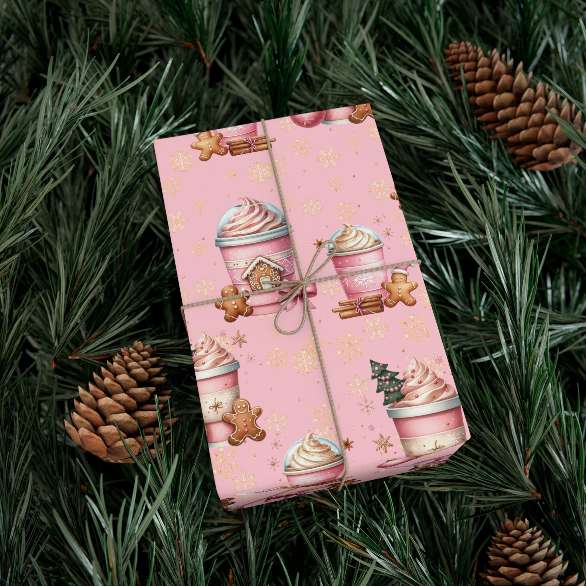 Whimsical Pink Gingerbread People with Coffee Delights Wrapping Paper Festive, Playful, and Perfect for Adding a Sweet Touch to Your Holiday Gifts Moms - MRSBYVALLE