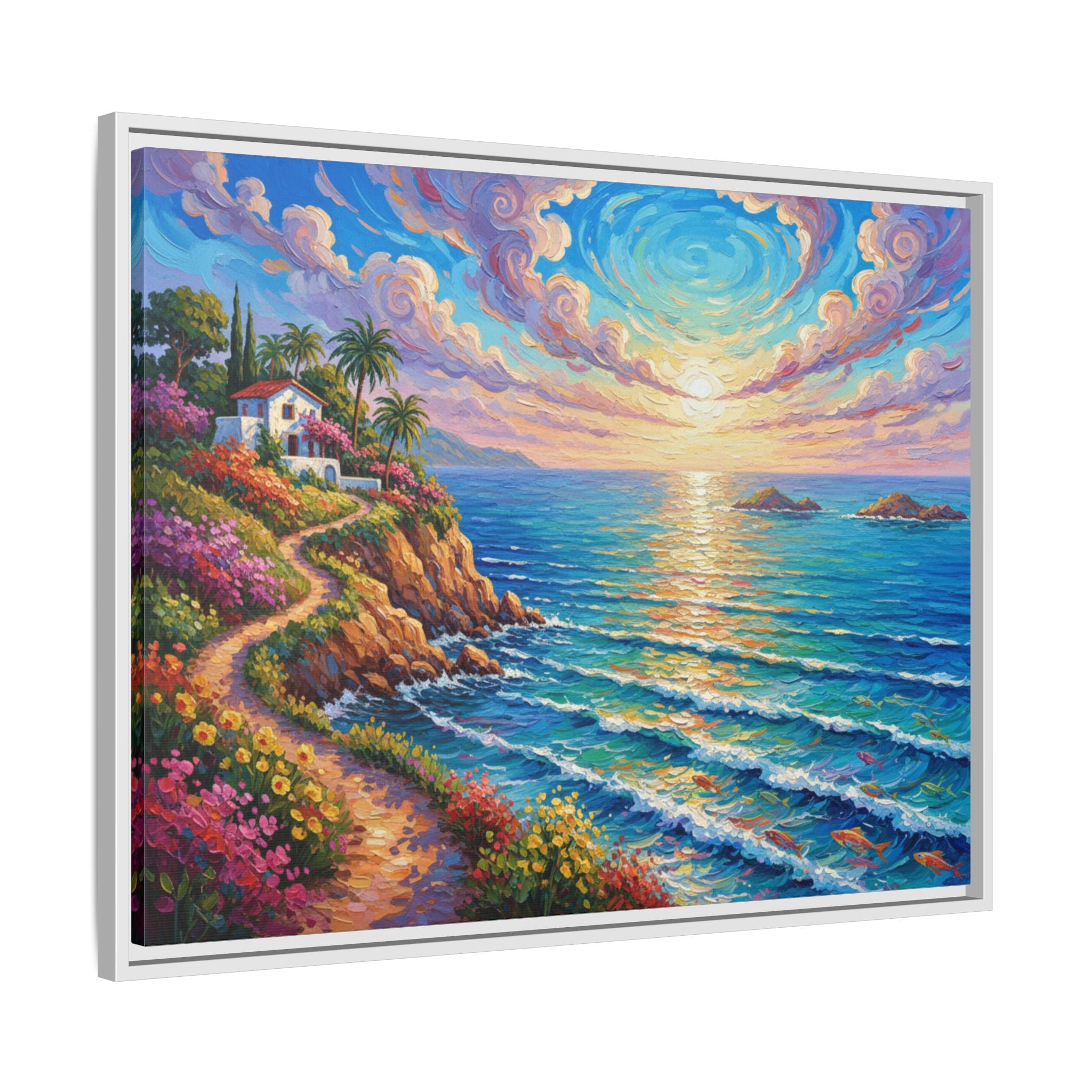 Toile imprimée florale océanique | Décoration murale colorée et lumineuse de paysage marin, œuvre d'art de bureau encadrée et mate