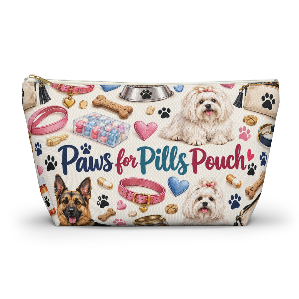 Paws for Pills Accessory Pouch — Dog Medicine & Treats T-Bottom Makeup Bag