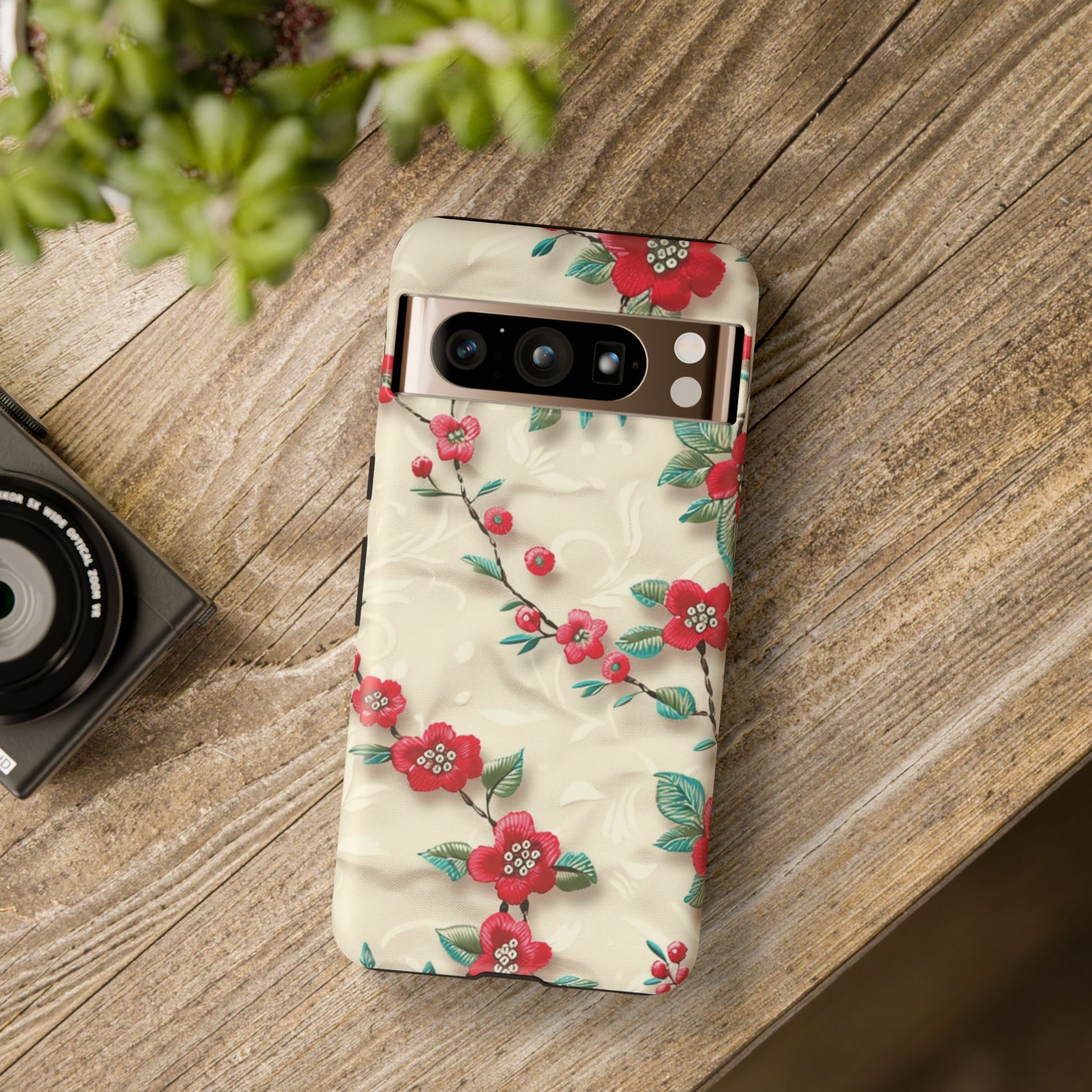 3D Embroidery Illusion Red Flowers Phone Case for iPhone, Samsung Pixel Artistic Floral Protection 15 14 13 12, 21 23 Gift for Her Perfect for Floral Lover