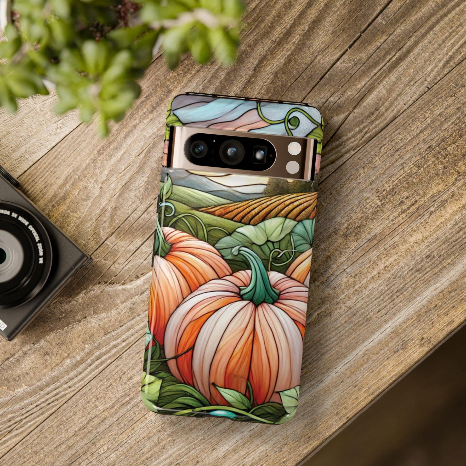 Pumpkins Phone Case Fall Faux Stained-Glass Thanksgiving Cover Pumpkin Lovers Gift for Galaxy S 24 23 22 21 Pixel 5 6 7 8 iPhone 17 , 16 15 14 13 12 Samsung iPhone Samsung Gift for Her