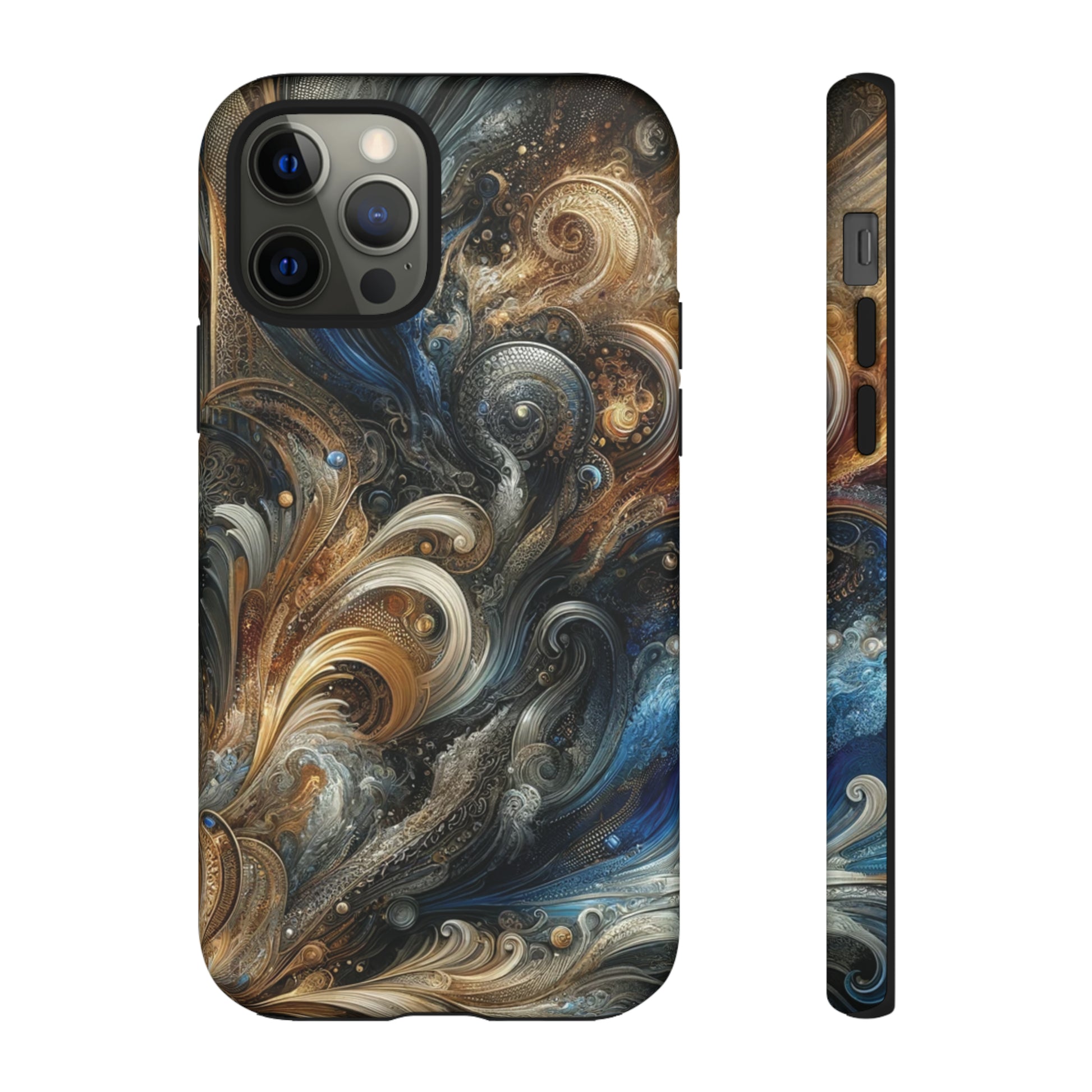 Gold and Navy Art Design Luxury Phone Tough Case Floral Elegant Durable Stylish for Modern Devices iPhone 15, Samsung iPhone Samsung Accessory Gift for Her.