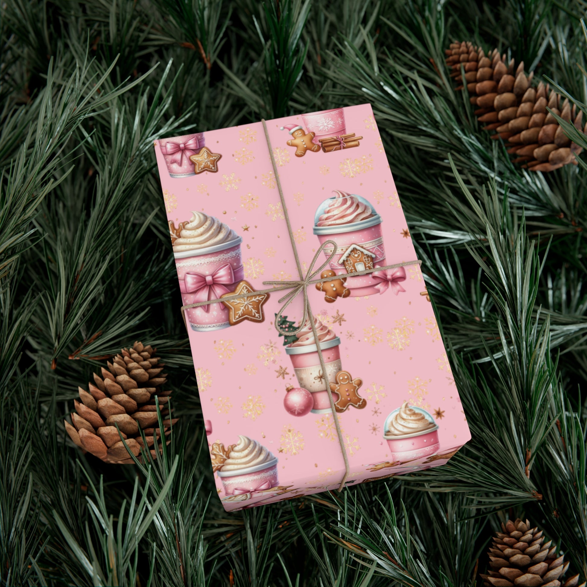 Whimsical Pink Gingerbread People with Coffee Delights Wrapping Paper Festive, Playful, and Perfect for Adding a Sweet Touch to Your Holiday Gifts Moms - MRSBYVALLE