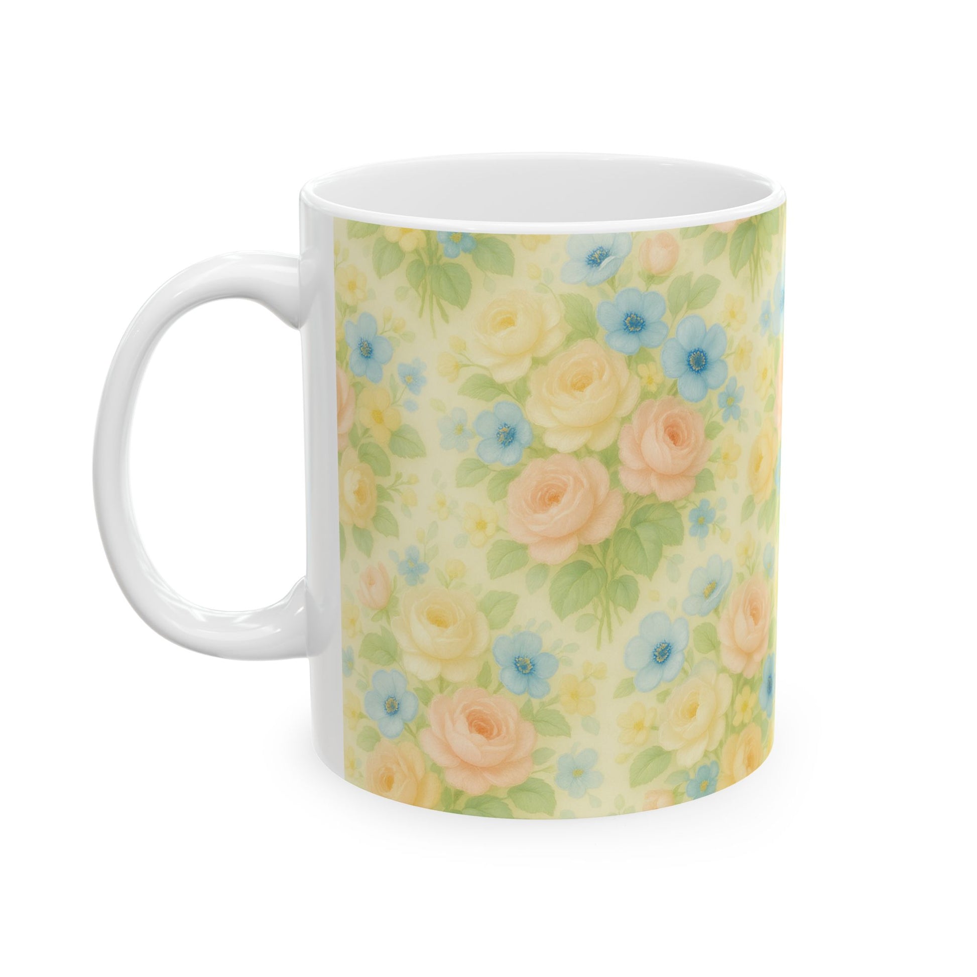 Vintage Pastel Yellow Floral Coffee Mug – 11 & 15oz Ceramic Mug, Romantic Gift for Her, Cottagecore Aesthetic, Cozy Hot Chocolate or Tea Mug for Home Decor