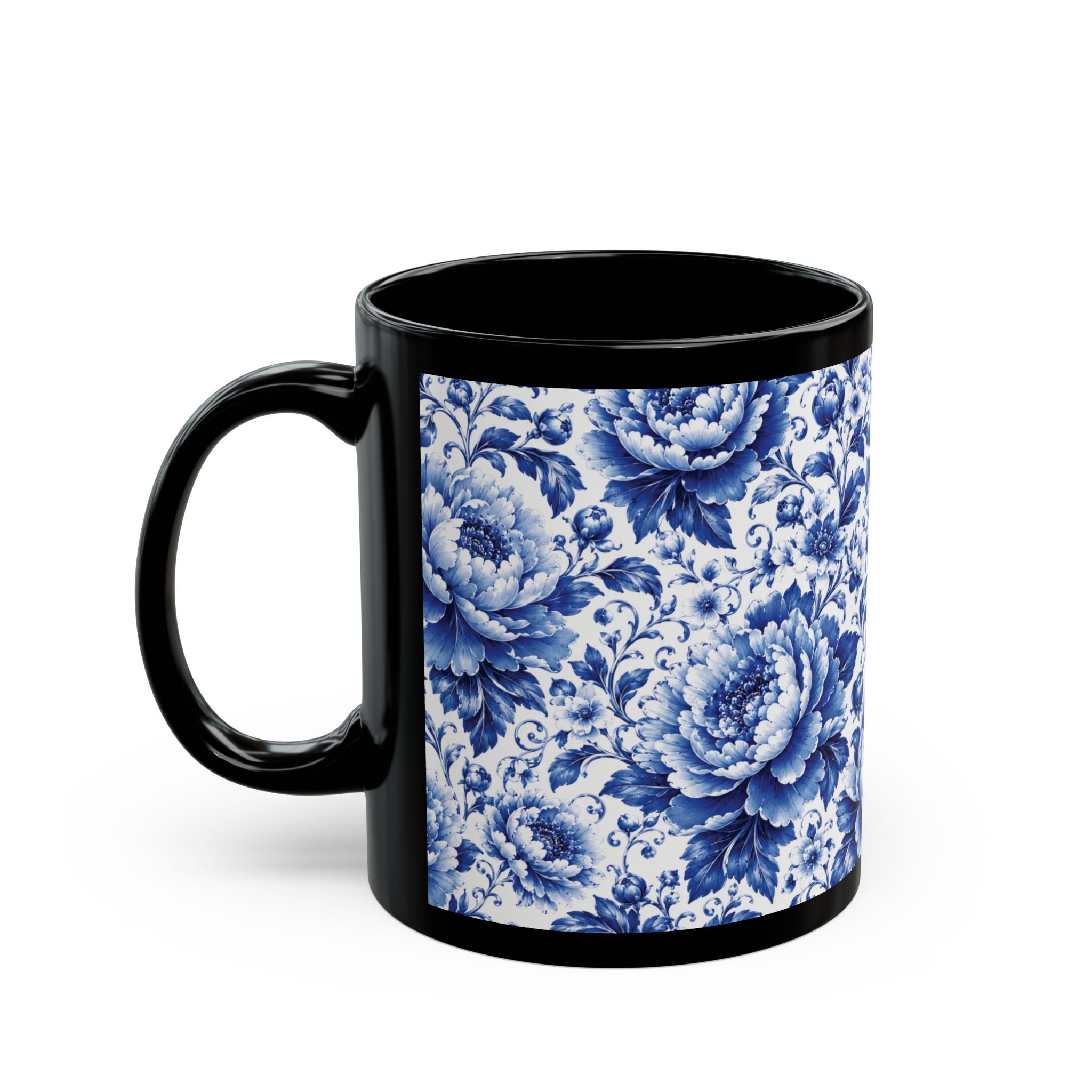Blue Floral Porcelain Pattern Mug Elegant Black Ceramic Coffee Cup (11oz/15oz) Blue & White Chinoiserie Tea Cup