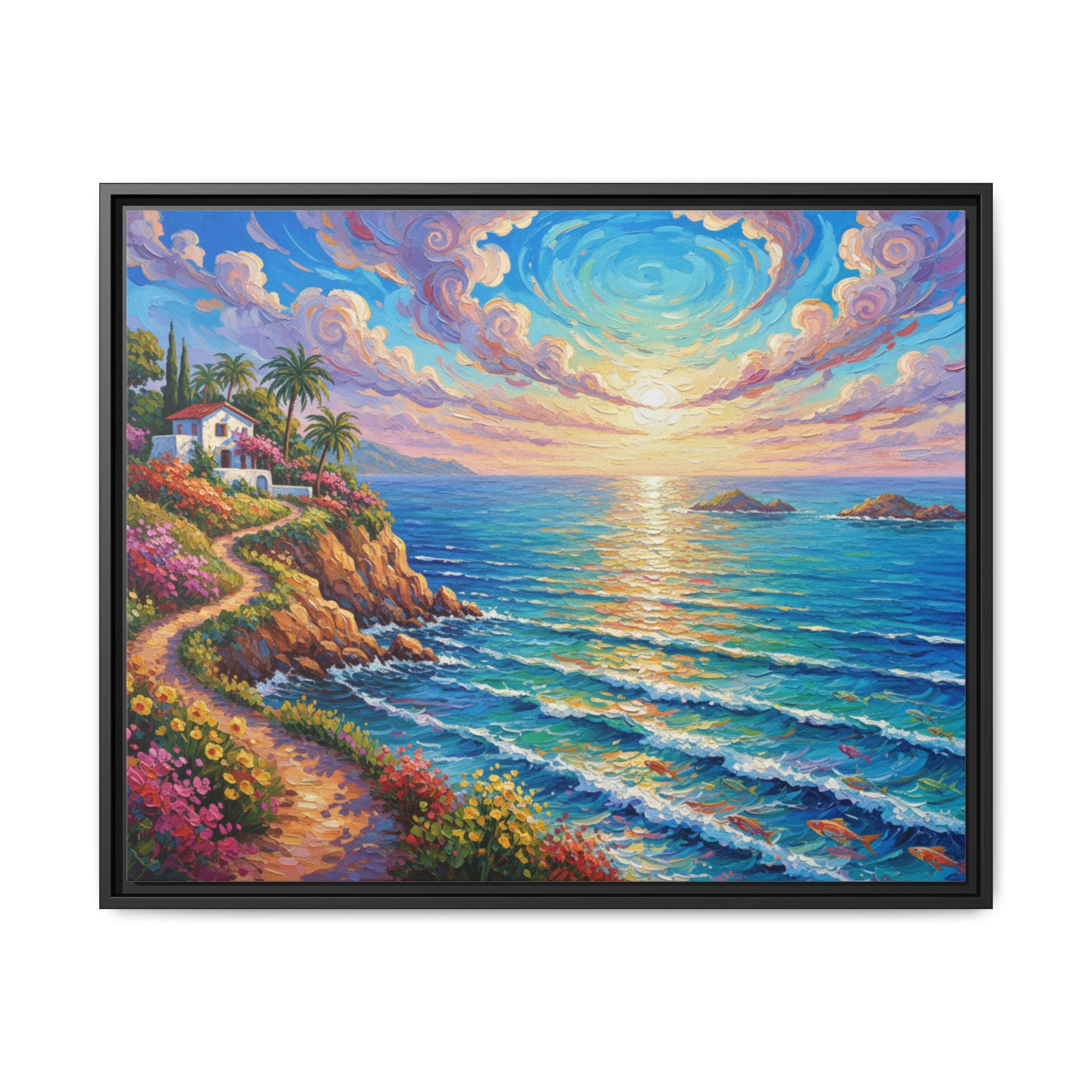 Ocean Floral Print Canvas | Bright Colorful Seascape Wall Art, Framed Matte Office Art Work