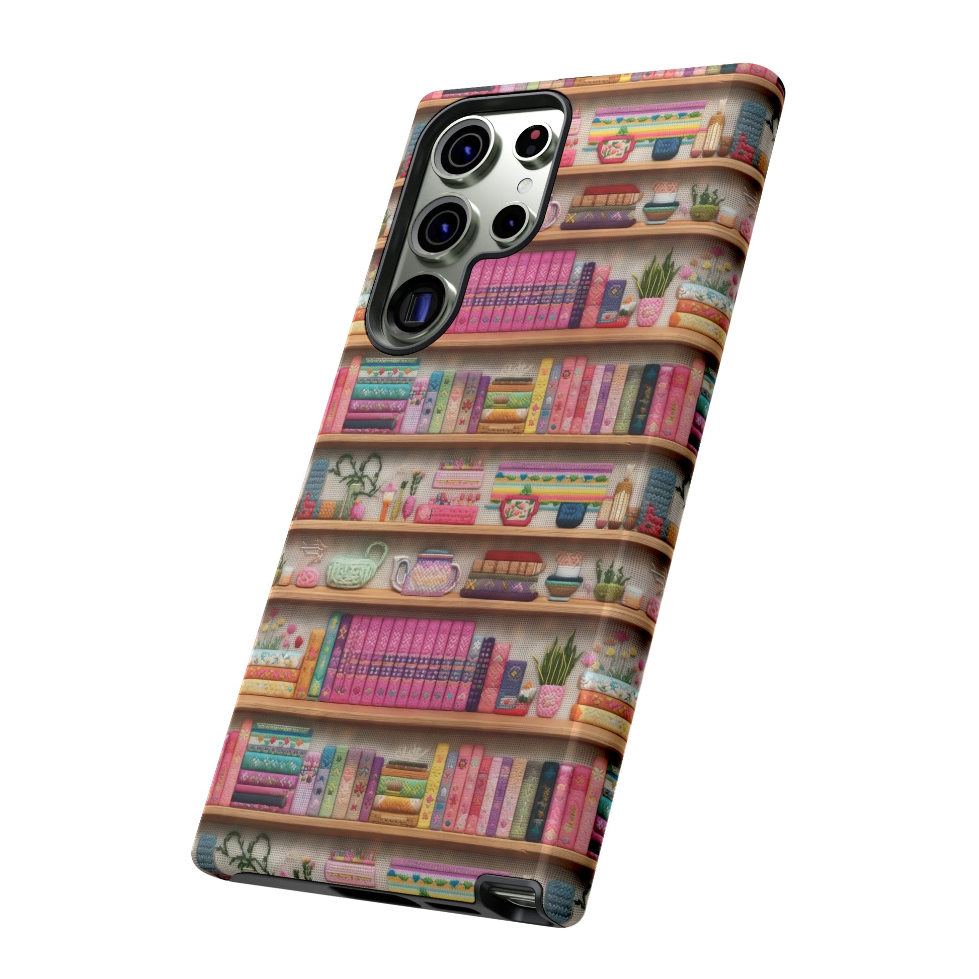 Phone Case 3D Illusion Books & Shelf Embroidery Design with Vibrant Colors Gift for Her Phone 15, Samsung iPhone Samsung Gift for Her Case iPhone 15, Samsung iPhone Samsung Accessory Gift for Her.