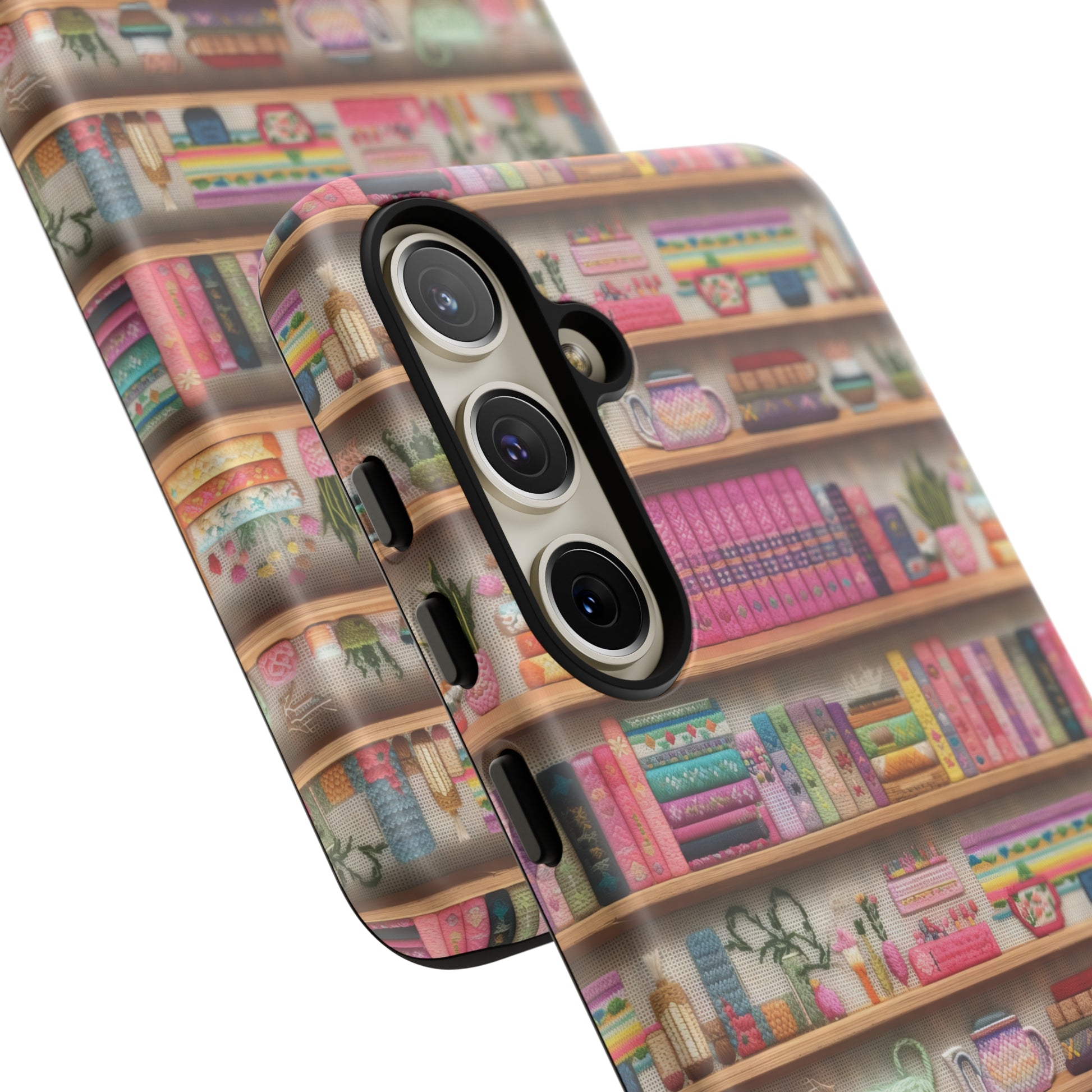Phone Case 3D Illusion Books & Shelf Embroidery Design with Vibrant Colors Gift for Her Phone 15, Samsung iPhone Samsung Gift for Her Case iPhone 15, Samsung iPhone Samsung Accessory Gift for Her.