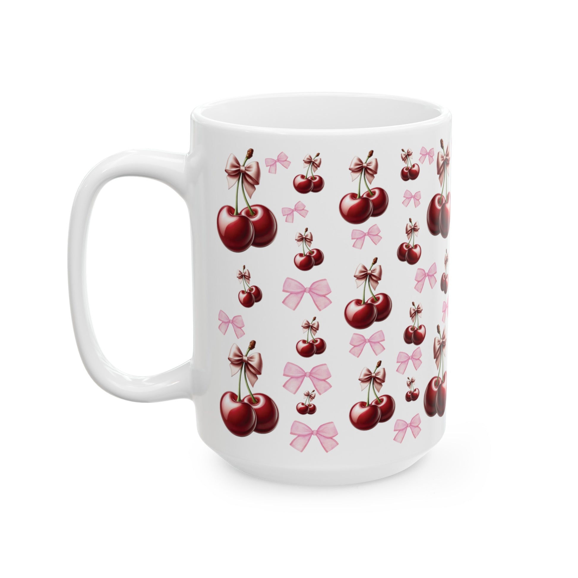Cherry and Pink Bow Coffee Mugs Perfect for Your Morning Brew | 11 oz & 15 oz Sizes Cute and Stylish Mug for Tea, Cocoa, and More – Unique Gift for Cherry Lovers - MRSBYVALLE