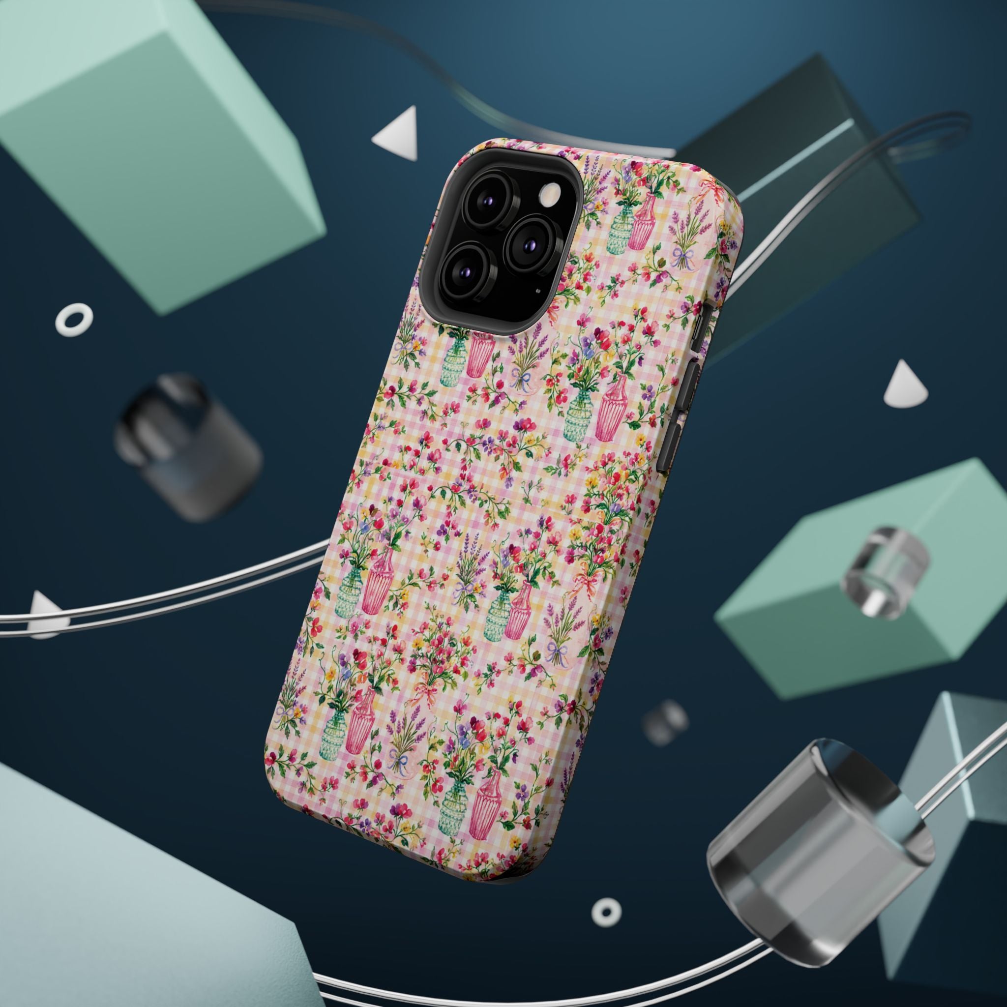 Turquoise & Pink Floral Checker Phone Case — Magnetic Impact-Resistant