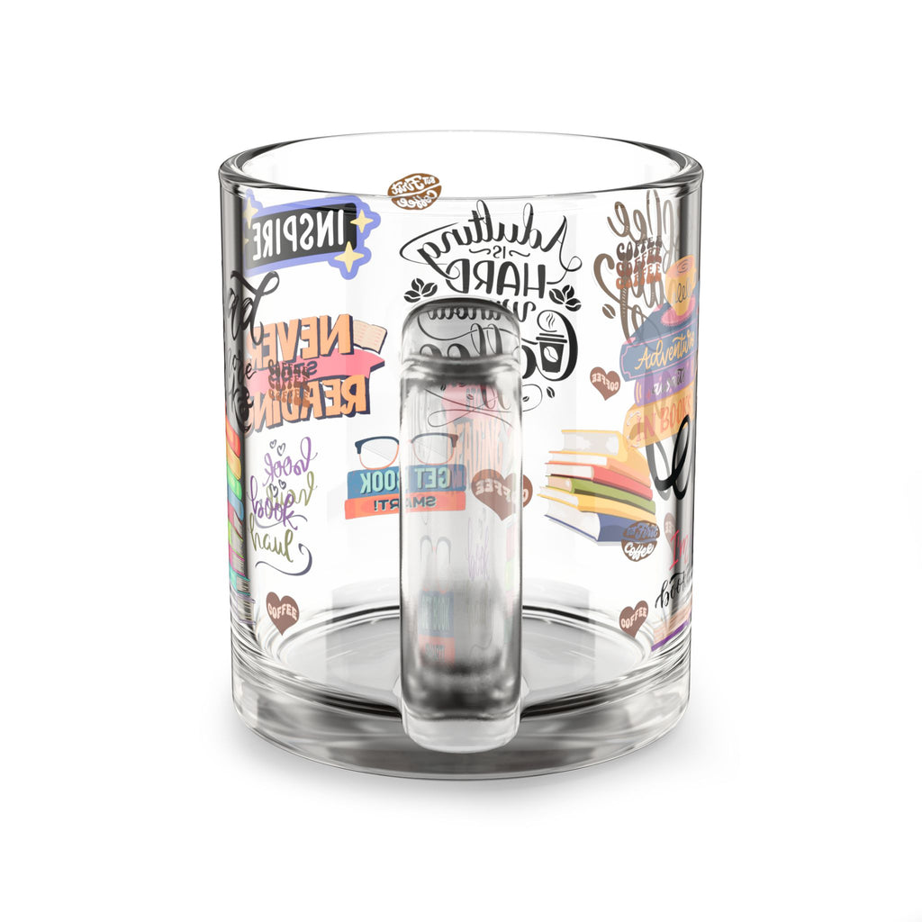 Clear glass mug with colorful text and graphics on a white background
