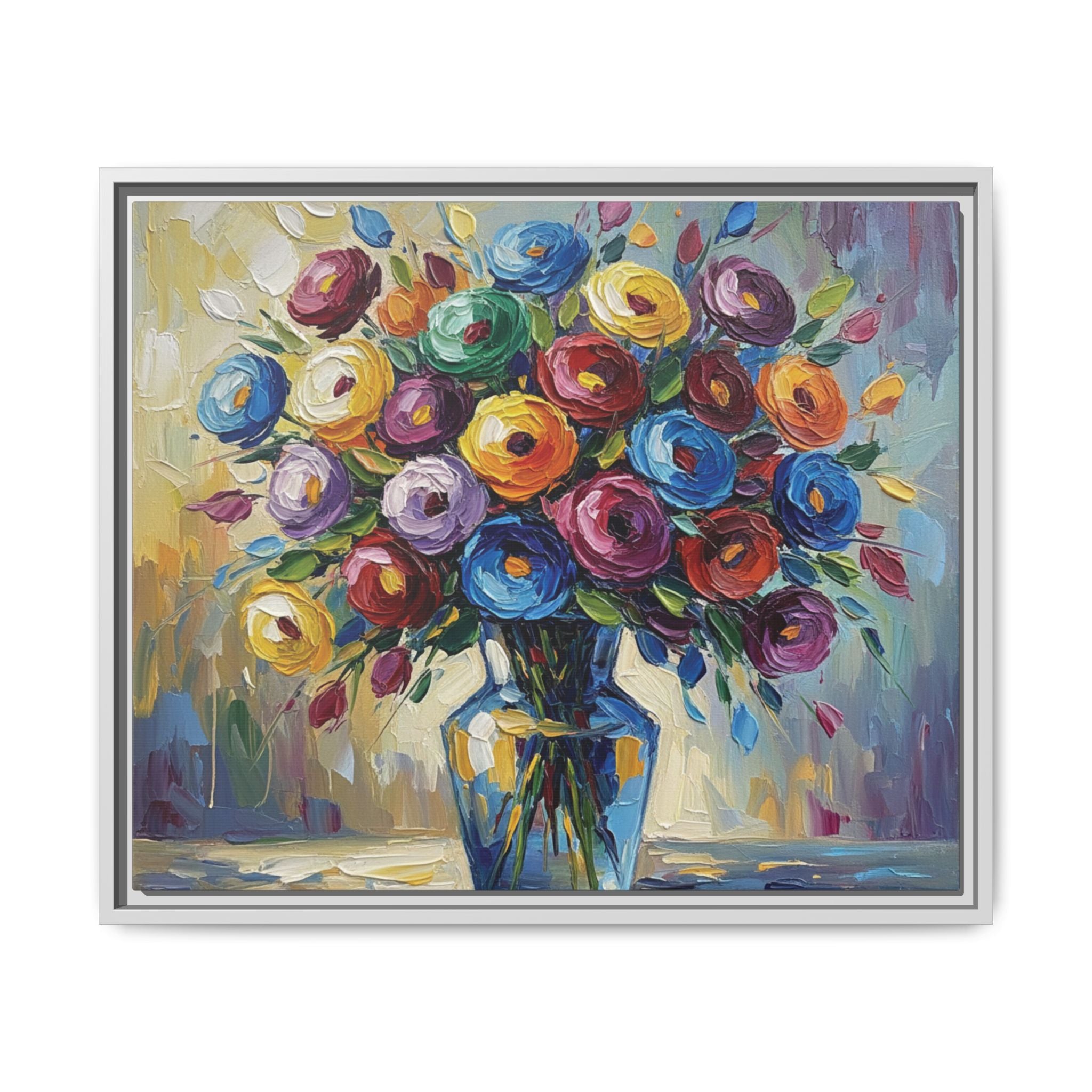 Impression sur toile bouquet floral aquarelle - Tableau mural encadré mat - Illusion de peinture à l'huile vibrante