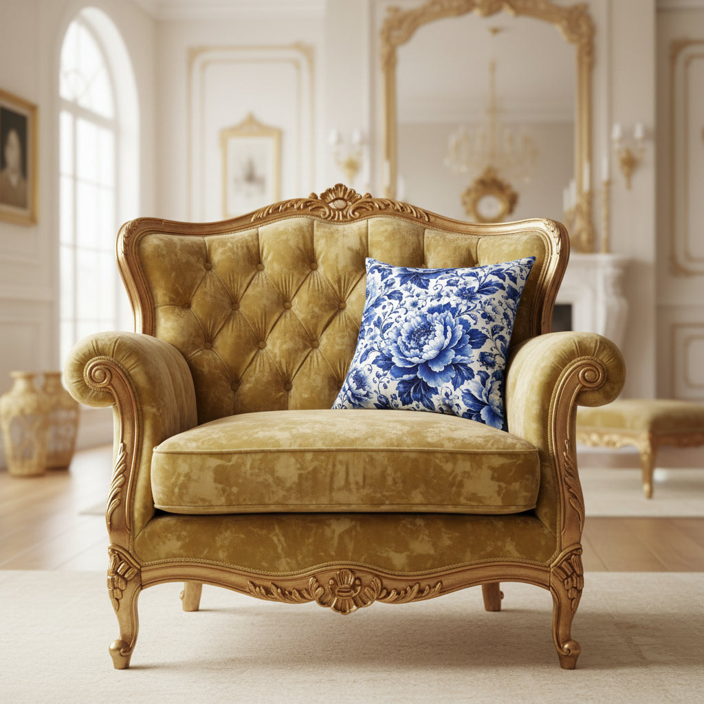 A square throw pillow featuring a classic blue and white floral peony pattern, shown against a plain white background.