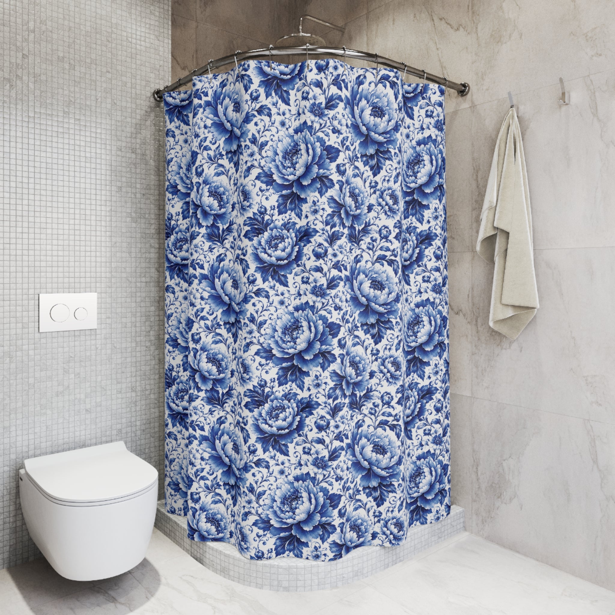 Blue & White Chinoiserie Peony Floral Shower Curtain | Luxury Botanical Bathroom Decor