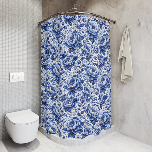 Blue & White Chinoiserie Peony Floral Shower Curtain | Luxury Botanical Bathroom Decor