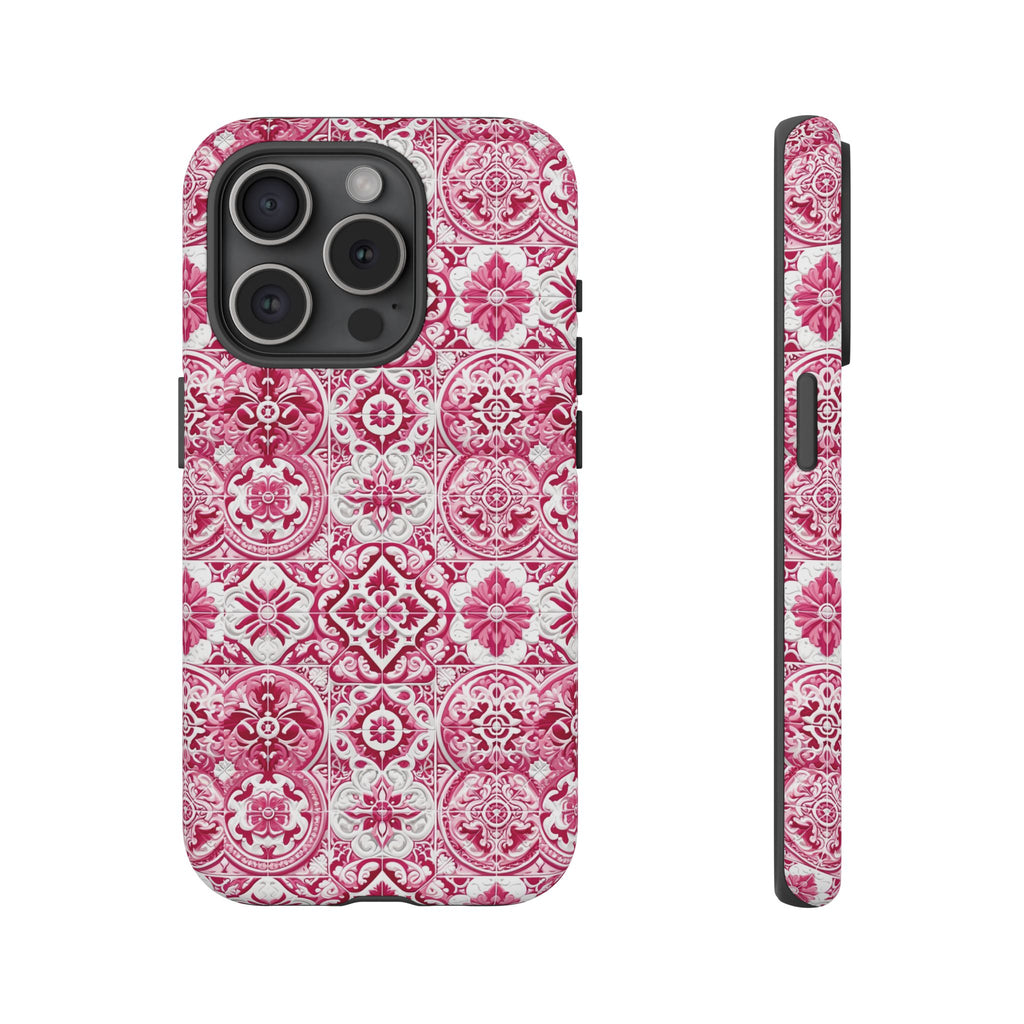 Pink and White Mediterranean Tile Design Phone Case - Stylish, Protective Cover for All Models Gift for Mom Accessory Gift for Her