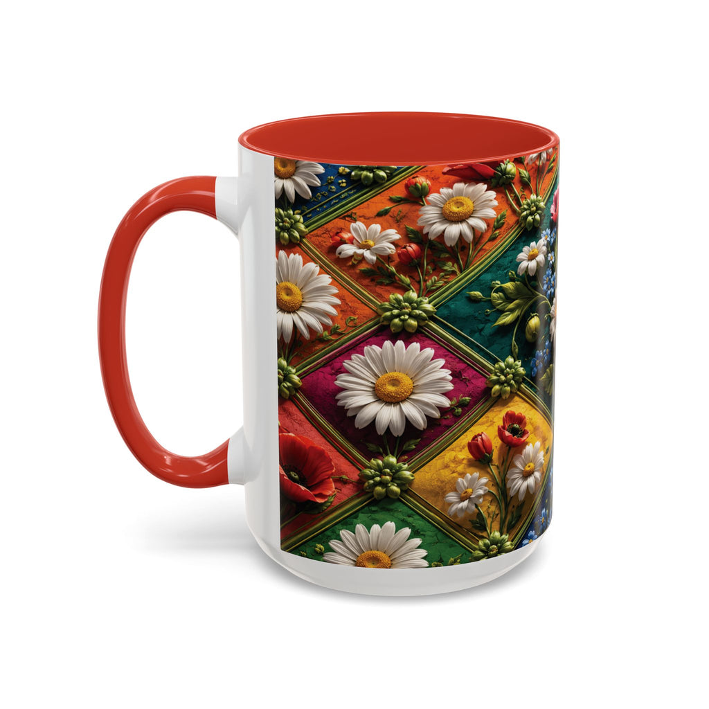 Floral Patchwork Accent Coffee Mug — Colorful Poppies & Daisies (11/15oz) 3D Illusion