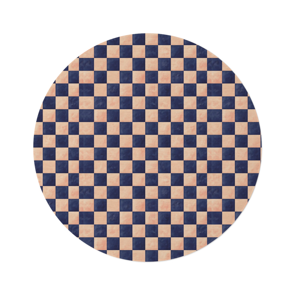 Tapis rond à damiers marine et pêche — Tapis géométrique d'appoint rétro
