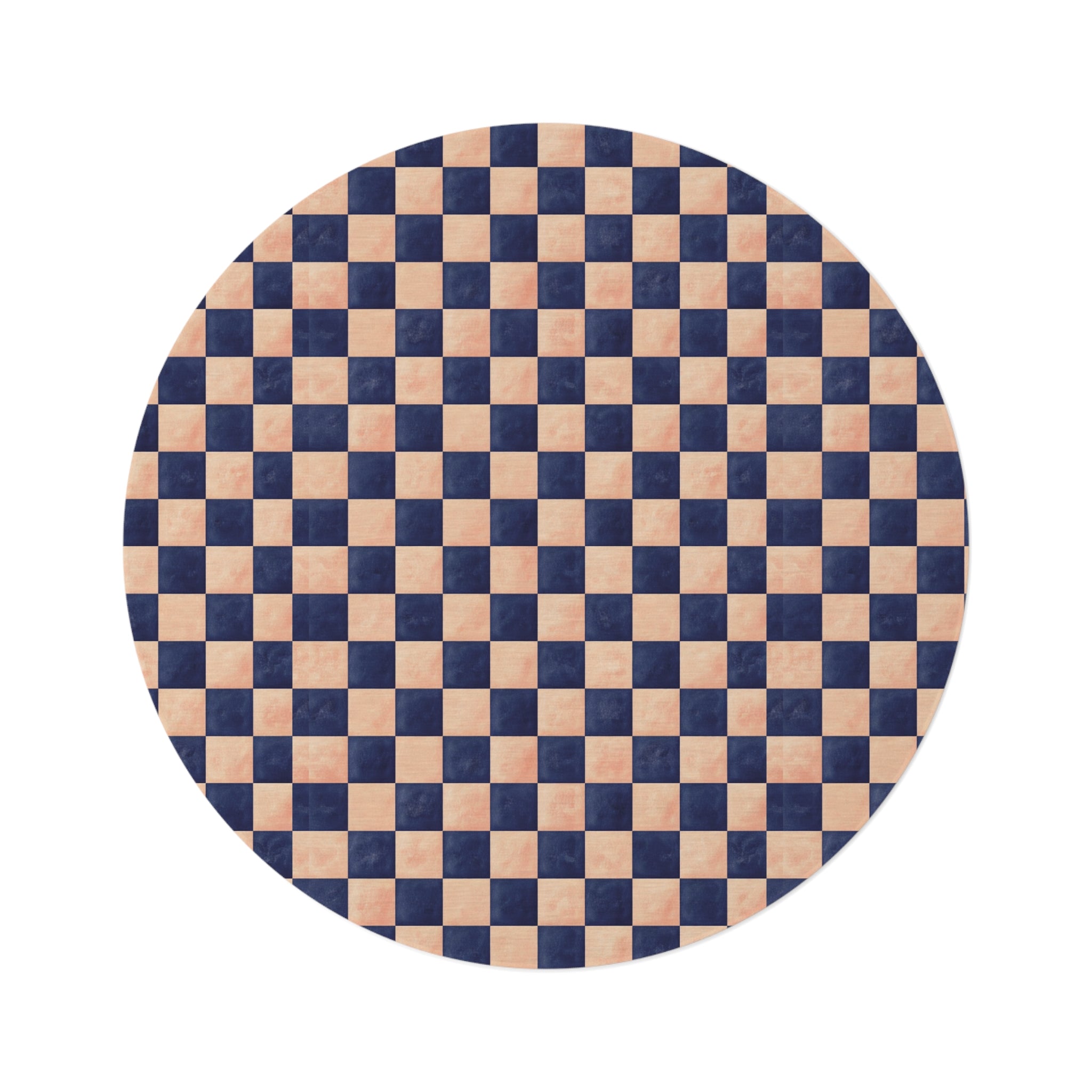 Navy & Peach Checkerboard Round Rug — Retro Geometric Accent Rug