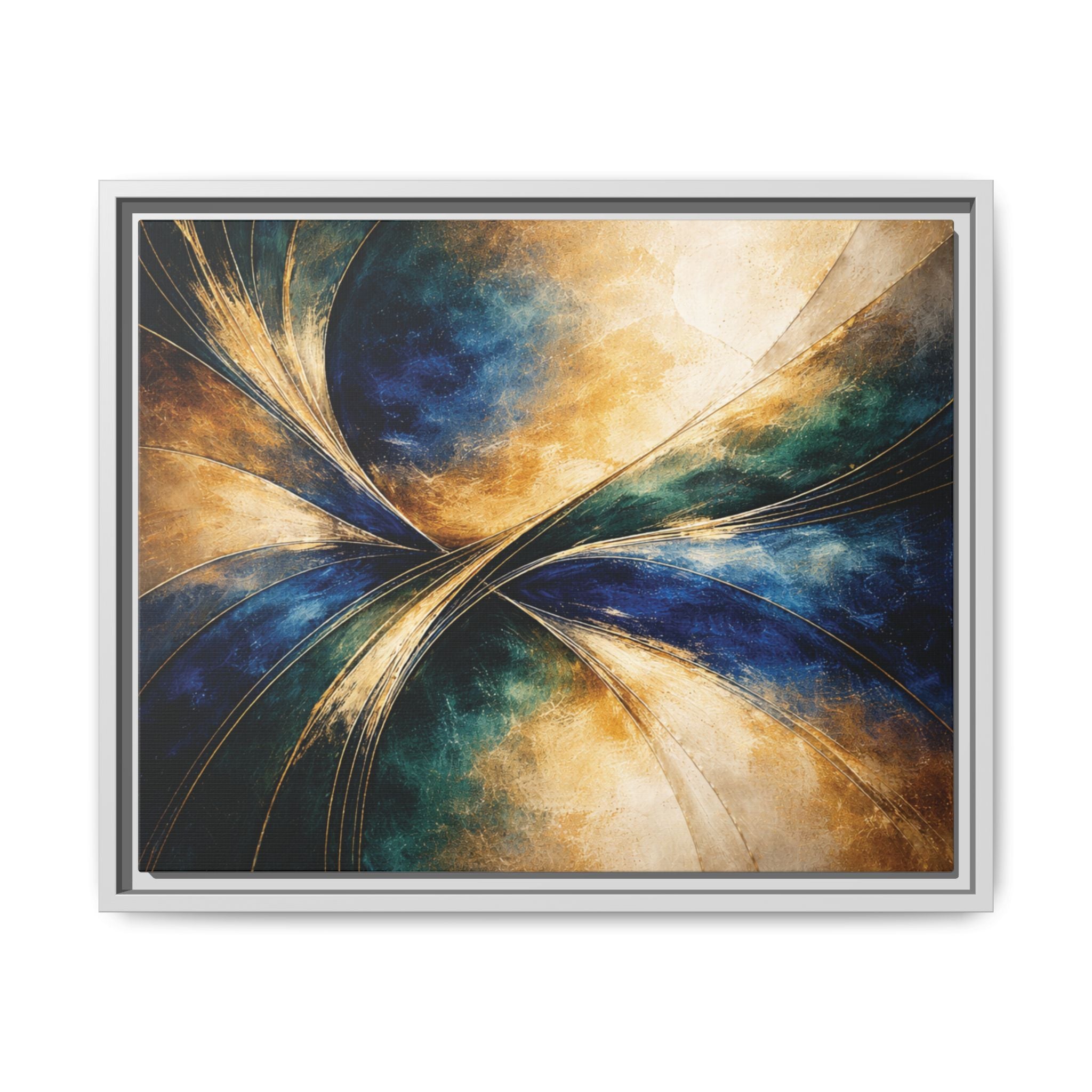 Gilded Convergence  Luxe NeoDeco Blue & Gold Abstract Wall Art Framed