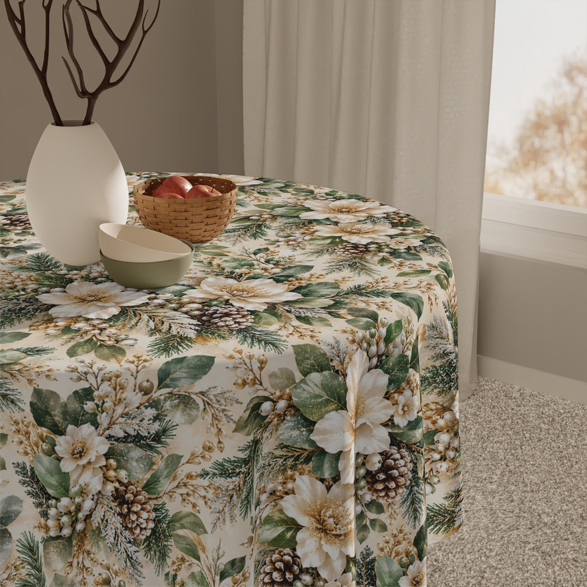 Sage Green & Champagne Floral Square Tablecloth
